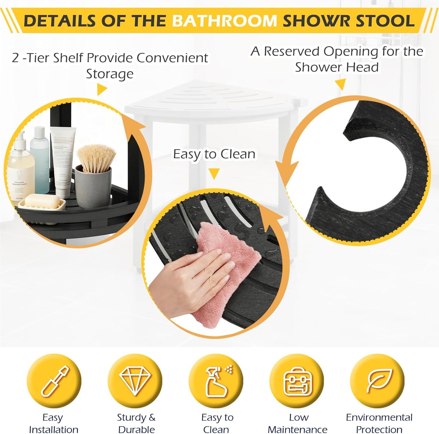 HDPE Corner Shower Stool for Shaving Legs, Waterproof Shower Stool with Storage Shelf for Bathroom,Black