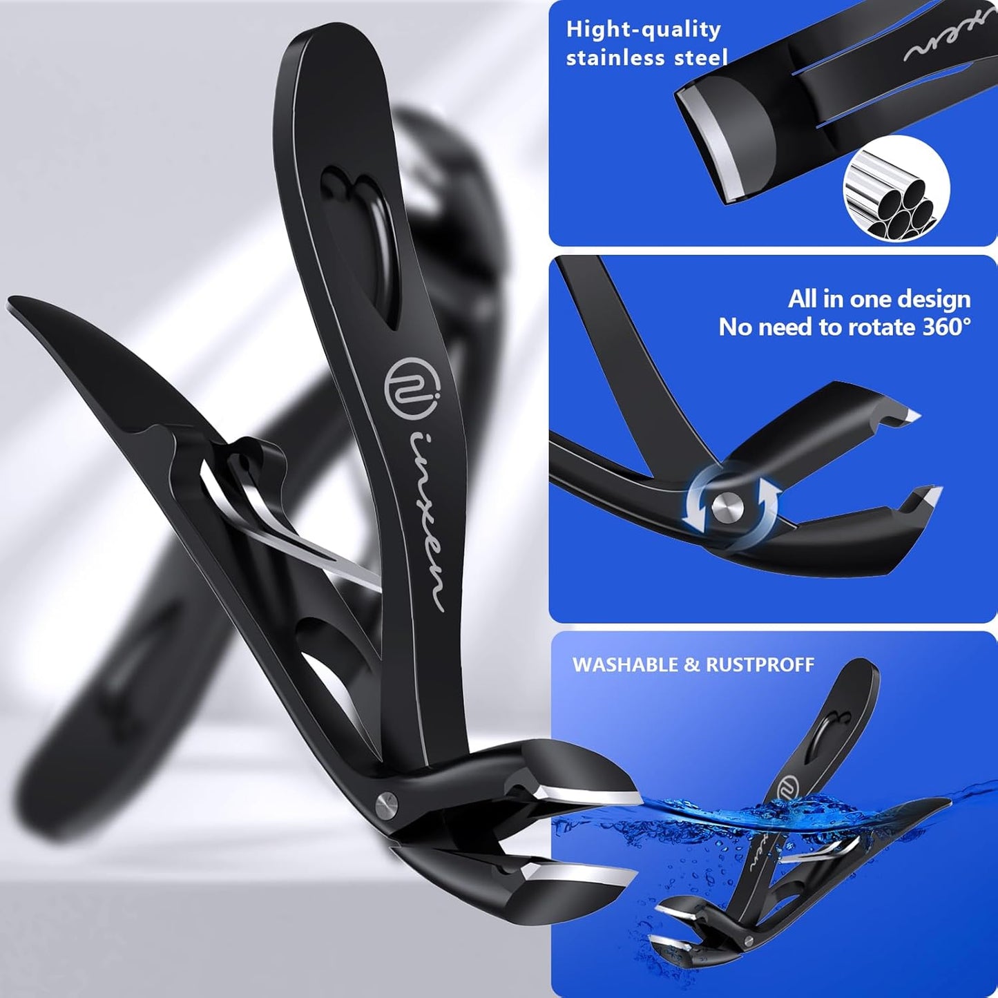 Toenail Clippers for Thick Nails for Seniors| INXEN 3-Pack Ergonomic Heavy Duty Angled Head Nail Clippers with Catcher | Premium Steel Wide Opening Fingernail Clippers Nail Cutter for Men & Women