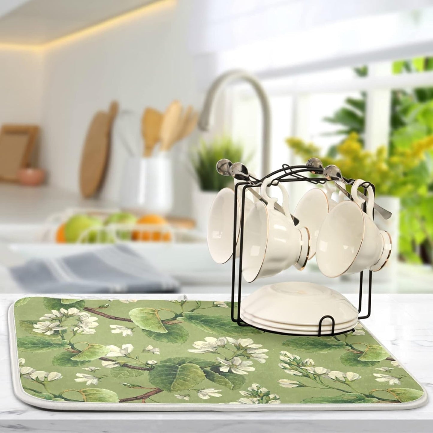 Dish Drying Mat for Kitchen Counter 18 x 16 Inch Vintage White Floral Green Leaves Microfiber Dish Mat Drying Pad Absorbent Dishes Pad Dish Drainer Rack Mats