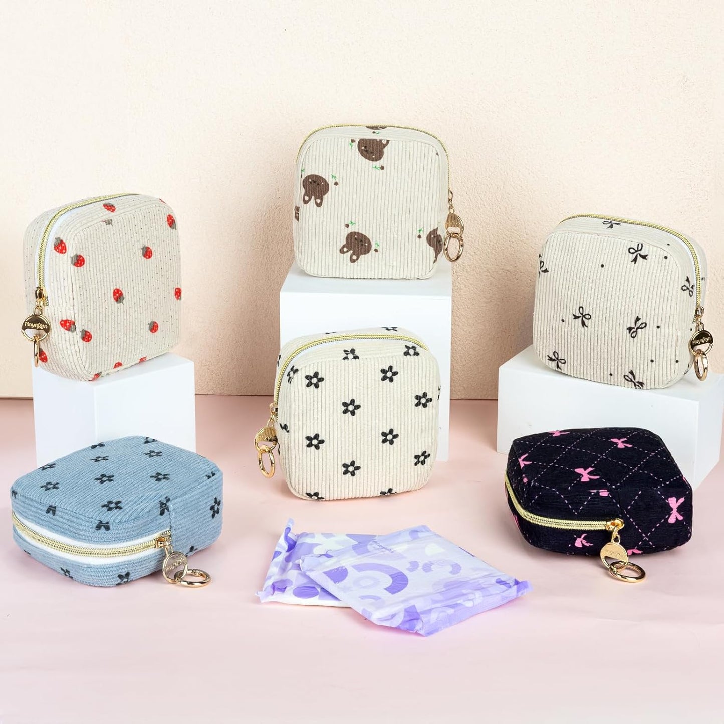 Period Bag for Teen Girls, Corduroy Cute Sanitary Napkin Storage Bag, Menstrual Pad Bag Tampon Holder for Purse
