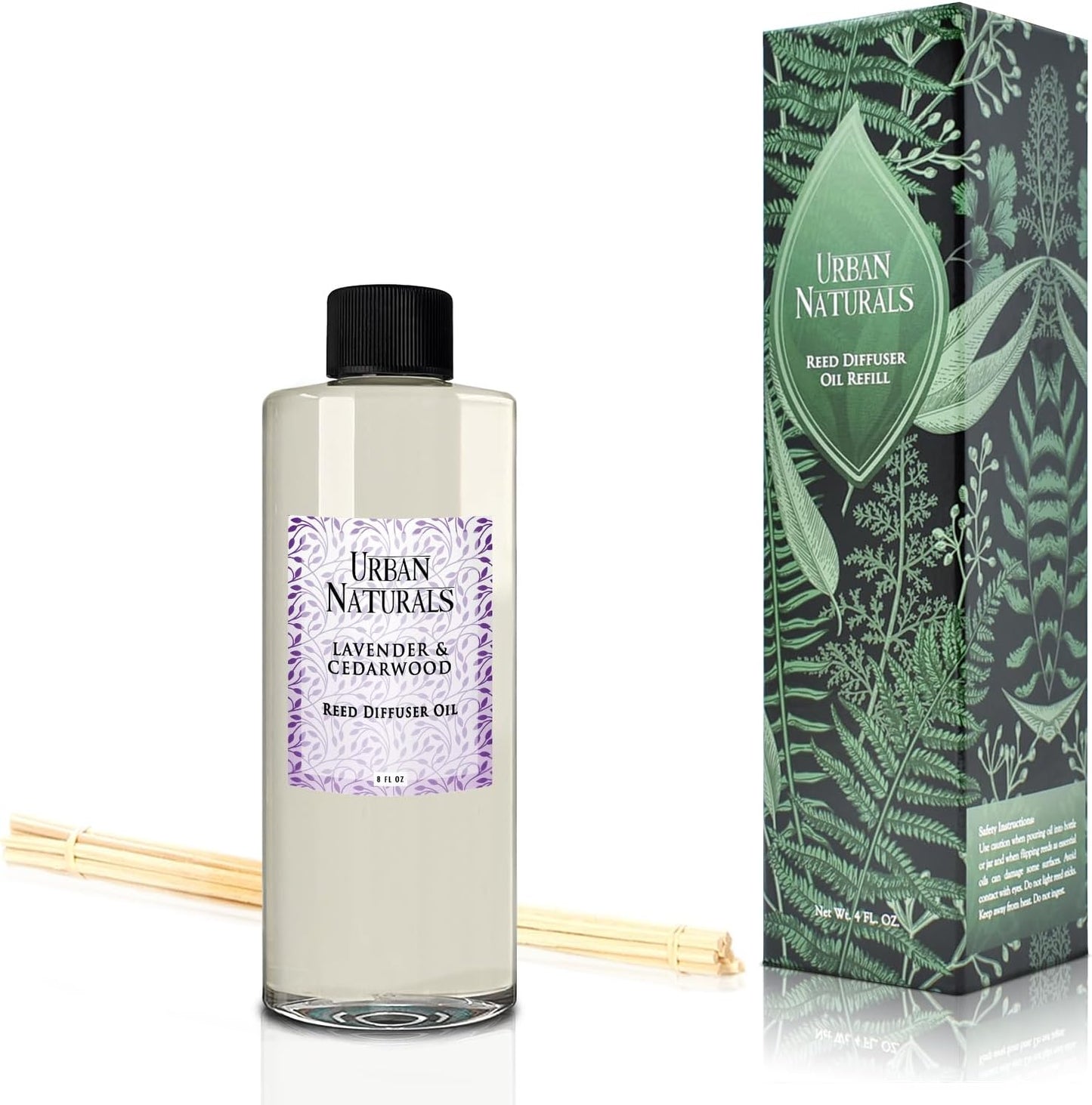 Urban Naturals Reed Diffuser Oil Refill Lavender Cedarwood with Warm Wood, Spa-Inspired Notes 8 oz + Free Reed Sticks, Made in The USA