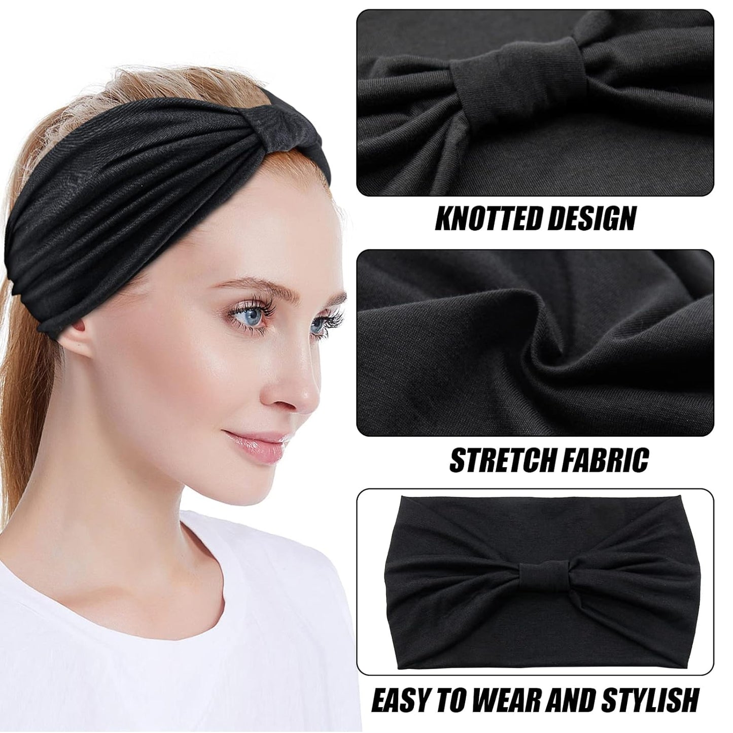 Yeshan Black Wide Turban Headbands for Women - 6 Pack Knotted Boho Thick Head Wraps, Large African Sport Yoga Hairbands