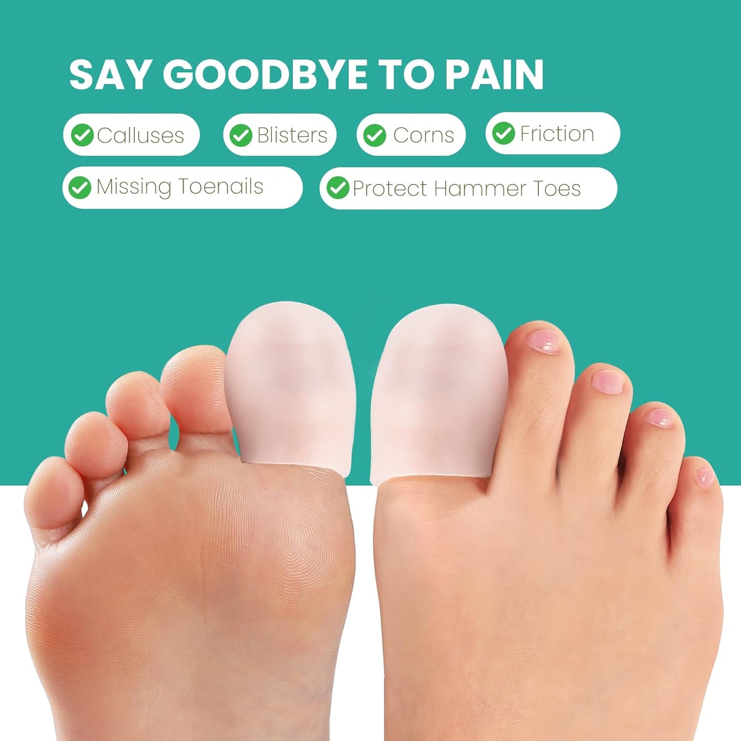 Welnove Gel Toe Cap and Protector - Silicone Toe Covers - Toe Cushions for Pain Relief, Missing or Ingrown Toenails, Corns, Calluses, Blisters - Infused Aloe Vera Extract (8 Large, Clear)