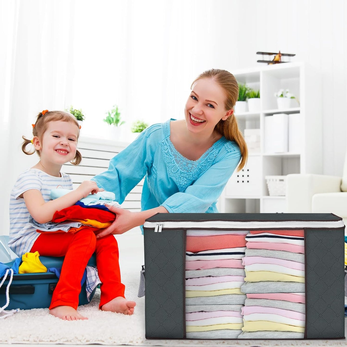 Large Storage Bags, 4 Pack Clothes Storage Bins Foldable Closet Organizers Storage Containers with Durable Handles Thick Fabric for Blanket Comforter Clothing Bedding 90 L (Gray)