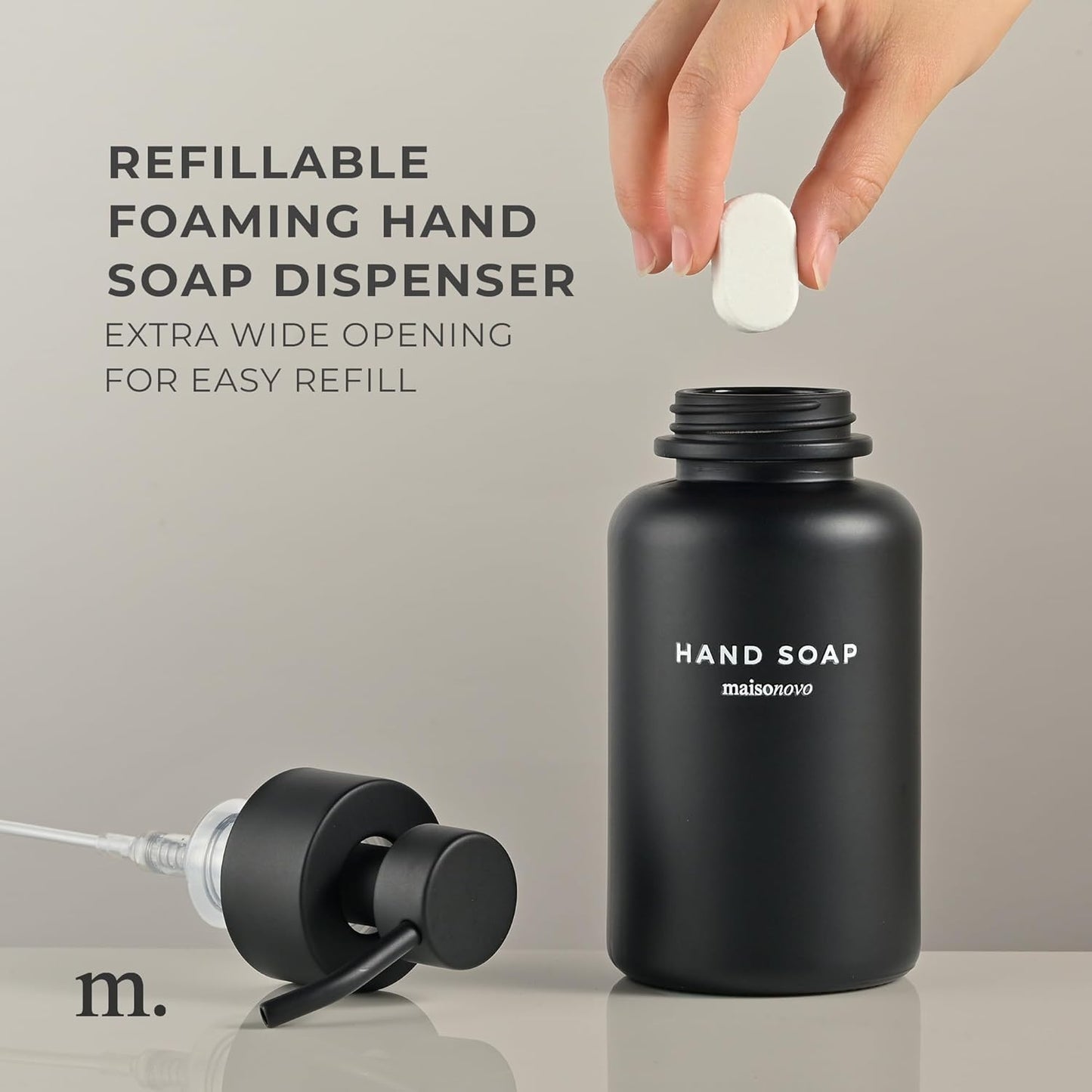 MaisoNovo Glass Foaming Hand Soap Dispenser 14 Oz | Black Foaming Soap Dispenser Black Plastic Pump x 1 w/Labels