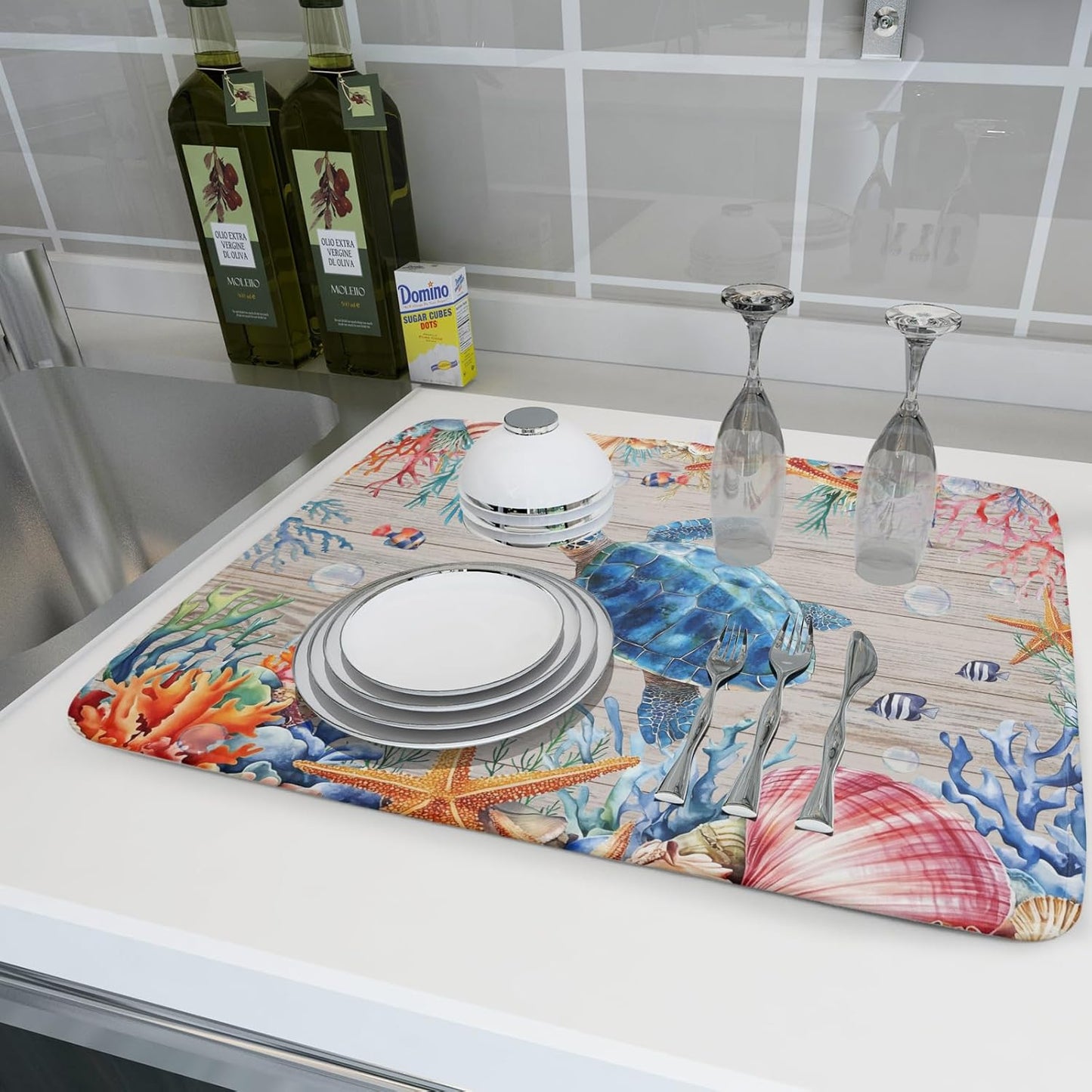 Sea Turtle Dish Drying Mat 18x24 inch Tropical Ocean Fast Dry Absorbent Microfiber Dishes Drainer Rack Pad for Countertop Bar Table Decor