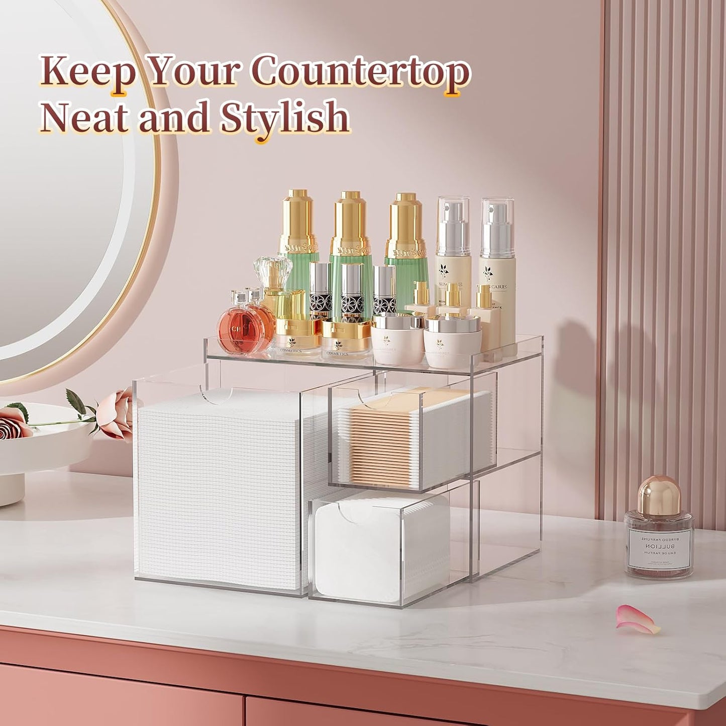 Youdepot Acrylic Face Towel Holder – Disposable Face Towel Holder with Drawers – Clear Skin Club Box for Vanity & Bathroom Storage