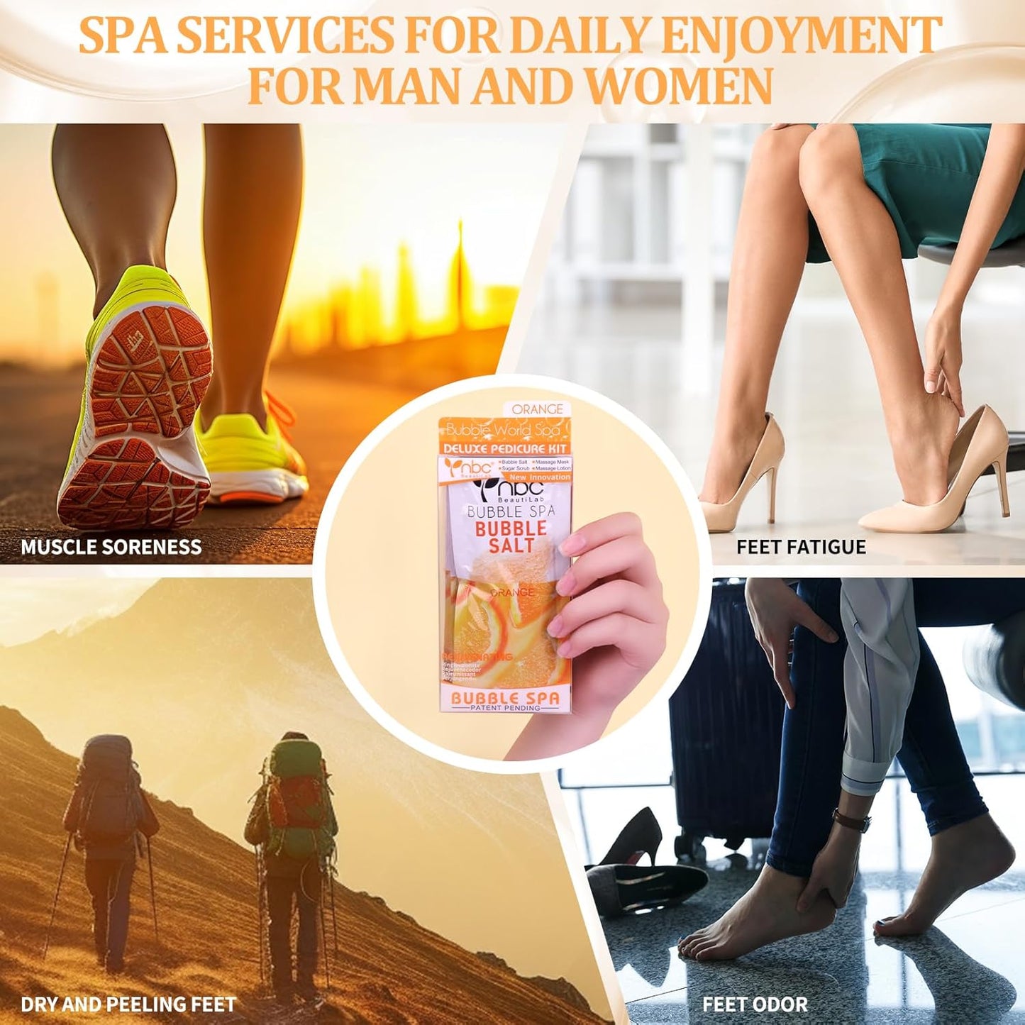 Pedicure Kit Foot Soak Set: Bubble Salt, Sugar Scrub, Massage Mask, Massage Lotion in a Box, 4 Step Foot Spa Kit for Dry Feet, Softens Calluses and Tired Feet(1 Set Orange)