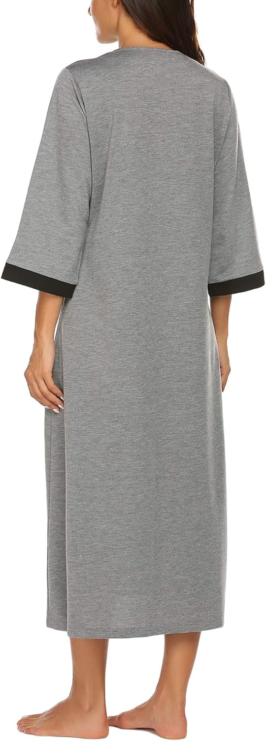 Ekouaer Women Zipper Robe 3/4 Sleeves Loungewear Dress Full Length Sleepwear Pockets Housecoat Nightgown Long Bathrobe