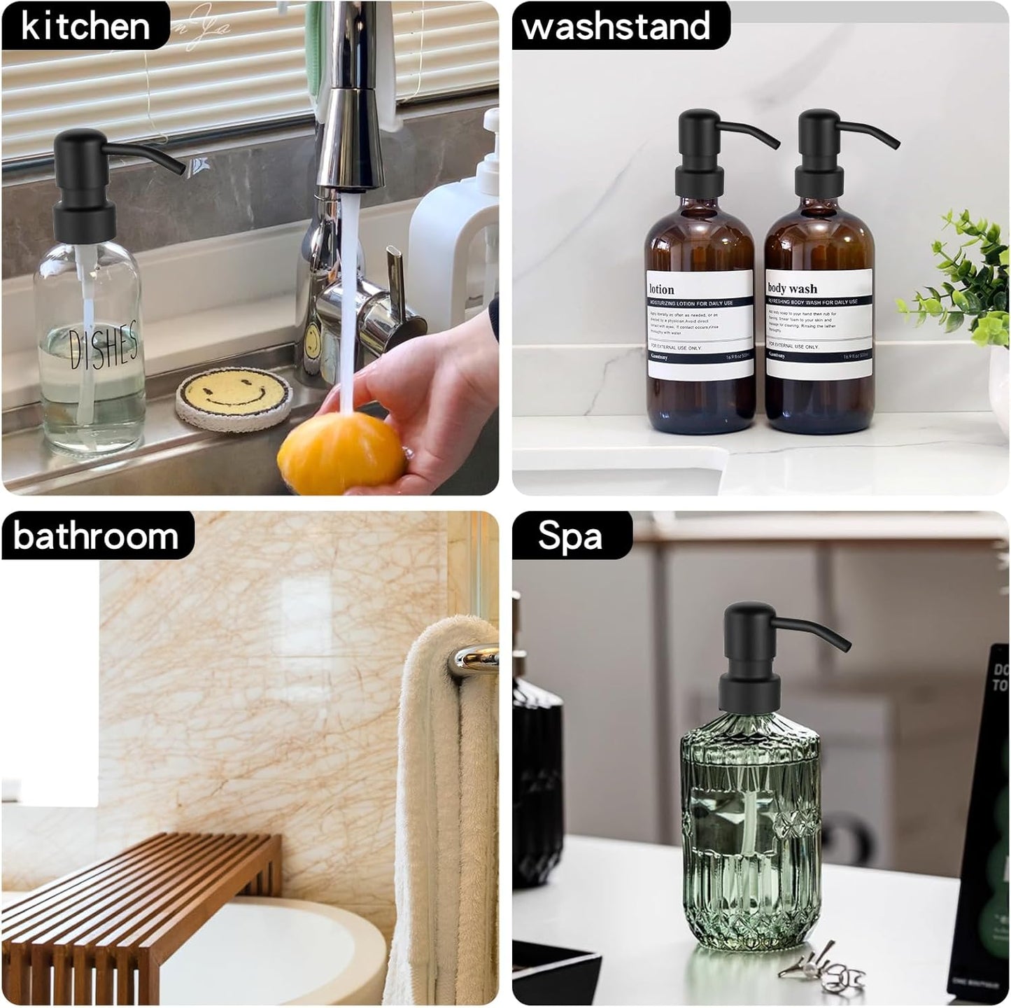 2PCS Stainless Steel Black Soap and Lotion Dispensers Pump Replacement,Smooth Action Replacement for Round 1.1in (28 mm) Neck Bottles,Rust Proof&Leak Proof