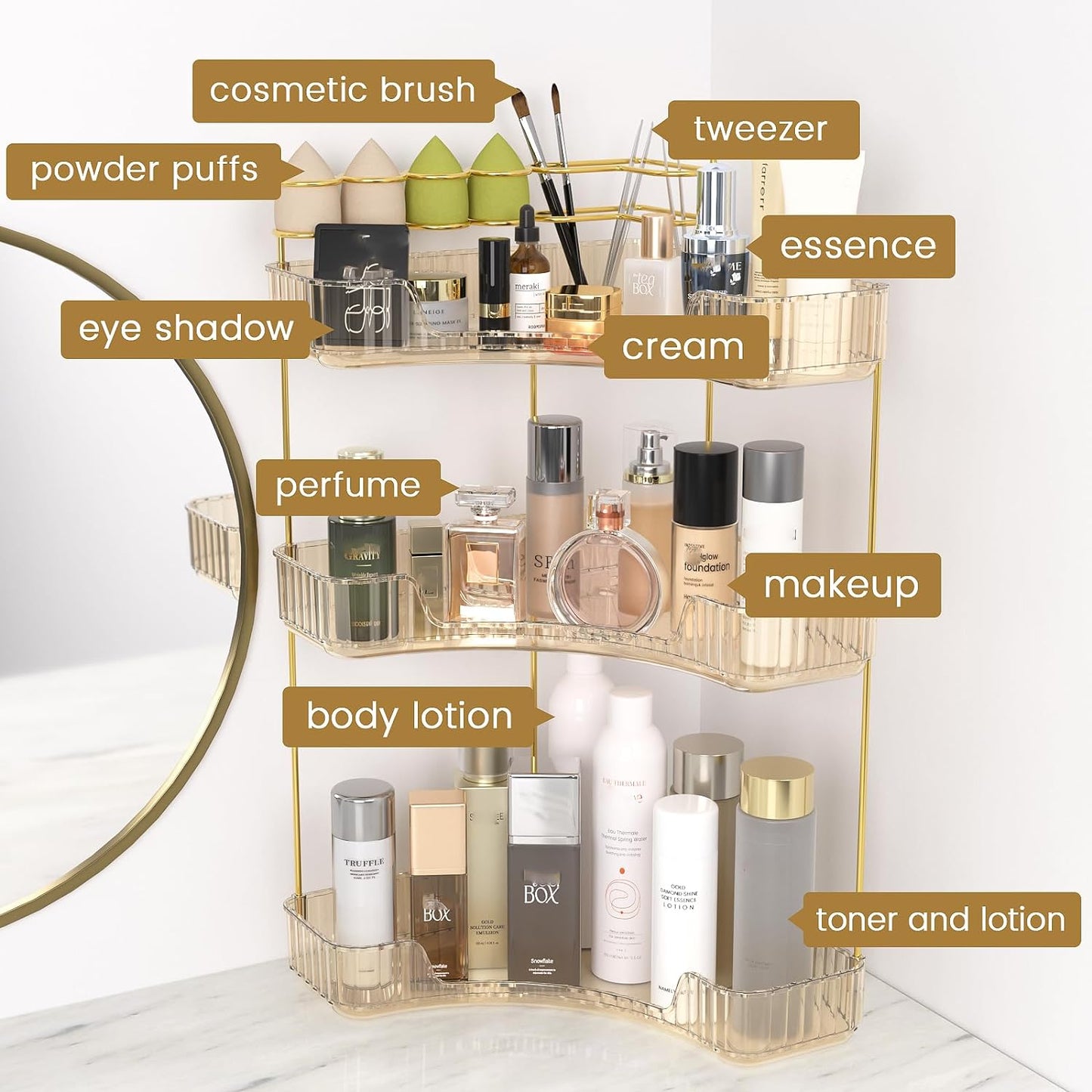 NATURE'S SOURCE Makeup Organizer for Vanity, 3-Tier Corner Bathroom Organizer Countertop with Makeup Brush Holder, Corner Counter Storage for Bathroom Dresser- Amber Gold