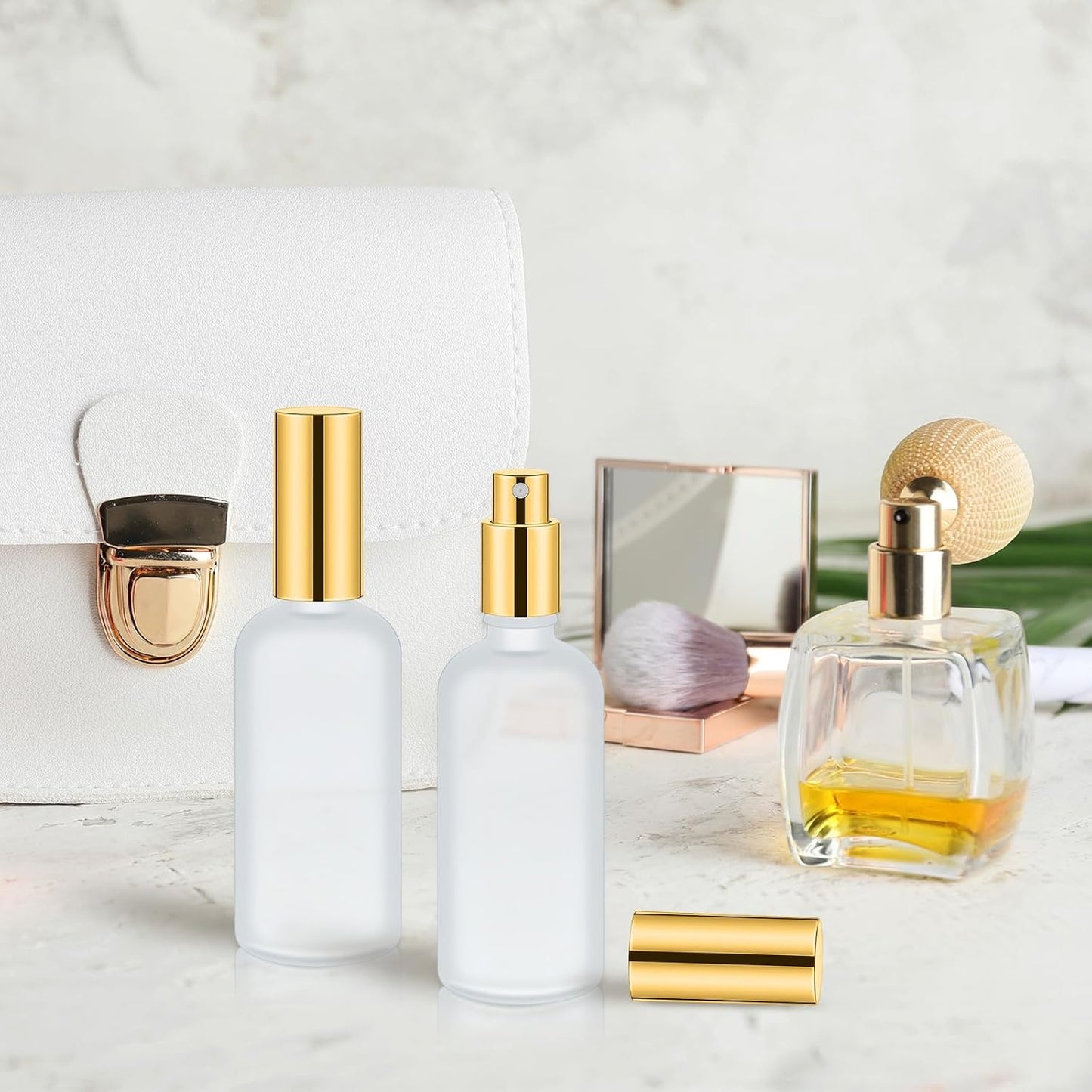 Roshtia 30 Pcs 3.4 oz/ 100 ml Gold Glass Spray Bottle Refillable Perfume Atomizer Clear Decorative Empty Bottles with Fine Mist Sprayer Pump for Face Body Travel