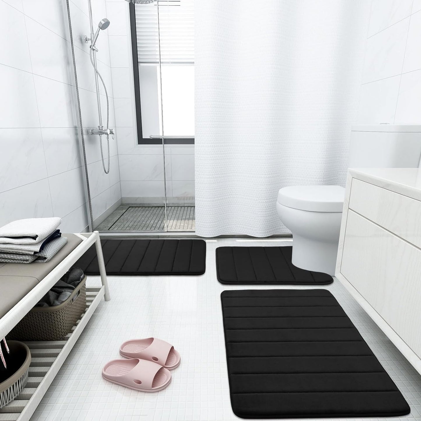 Buganda Memory Foam Bath Mat, 40" x 24", Ultra Soft and Non-Slip Bathroom Rugs, Water Absorbent and Machine Washable Bath Rug Runner for Bathroom, Shower, and Tub, Black