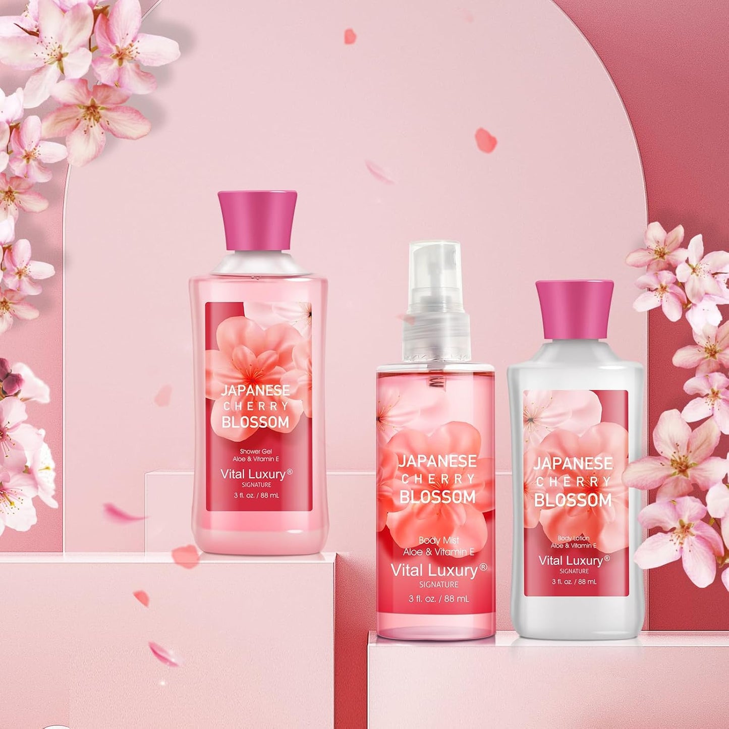 Cherry Blossom Spa Gift Set, Bath and Body Care Collection,3-Piece Travel Set with Shower Gel, Lotion, Body Mist