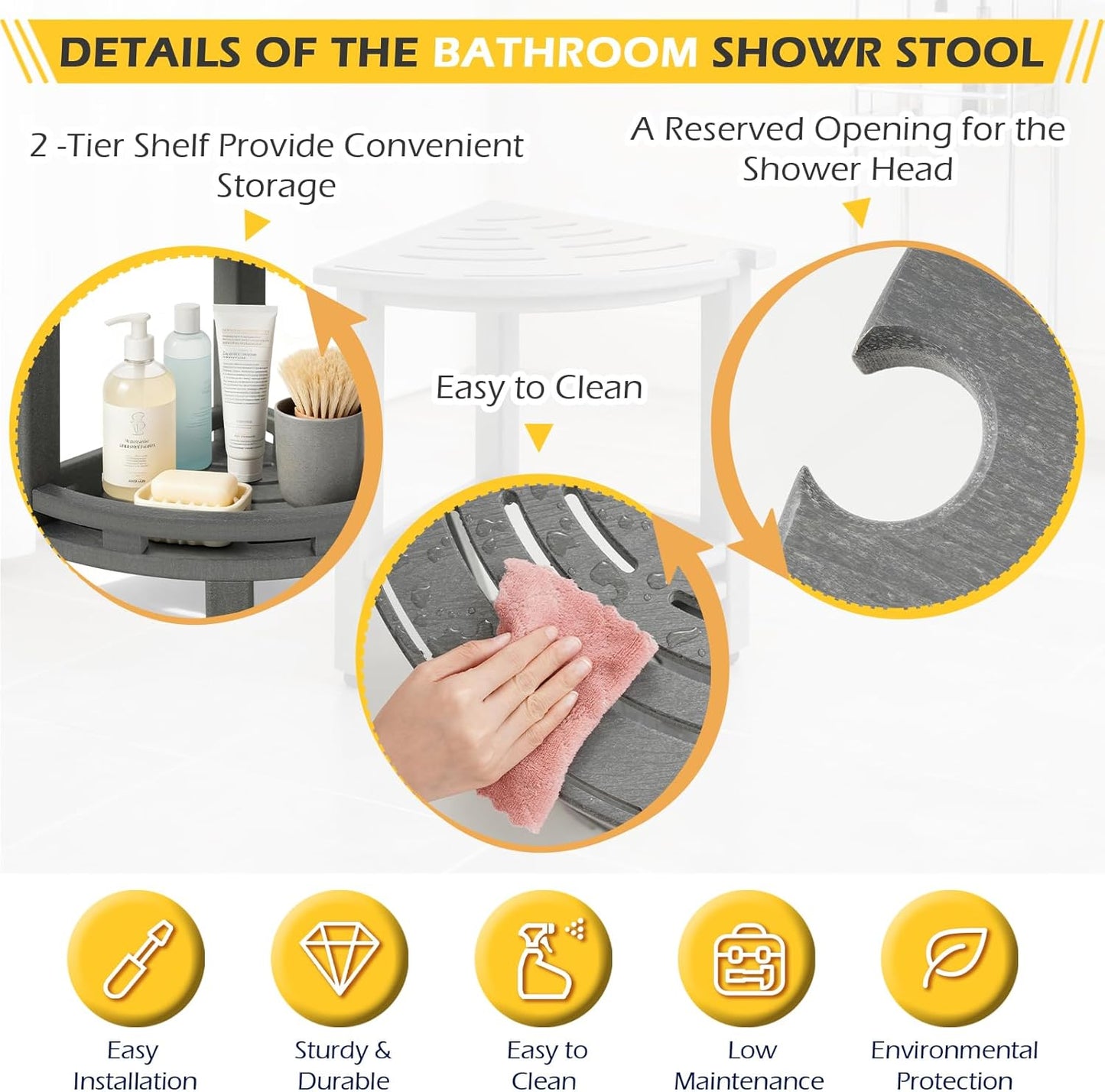 HDPE Corner Shower Stool for Shaving Legs, Waterproof Shower Stool with Storage Shelf for Bathroom,Grey