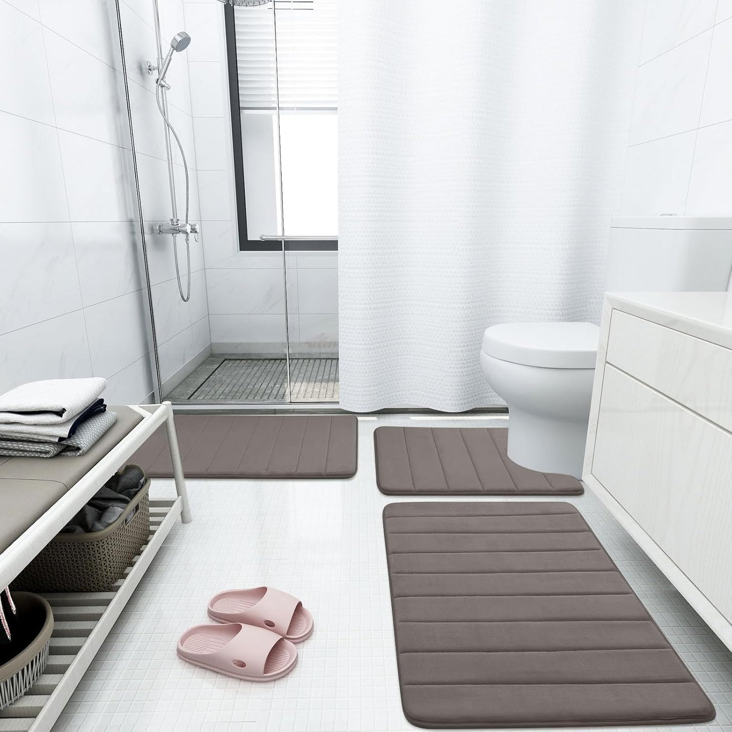 Buganda Memory Foam Bath Mat, 47" x 17", Ultra Soft and Non-Slip Bathroom Rugs, Water Absorbent and Machine Washable Bath Rug Runner for Bathroom, Shower, and Tub, Taupe