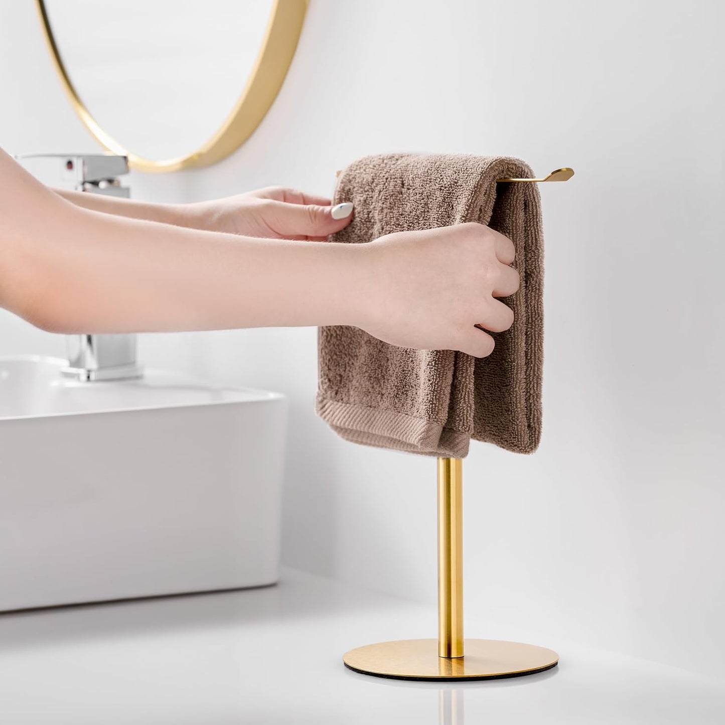 Gold Hand Towel Holder Stand – Countertop T-Shaped Stainless Steel Towel Rack with Non-Slip Base for Vanity and Kitchen