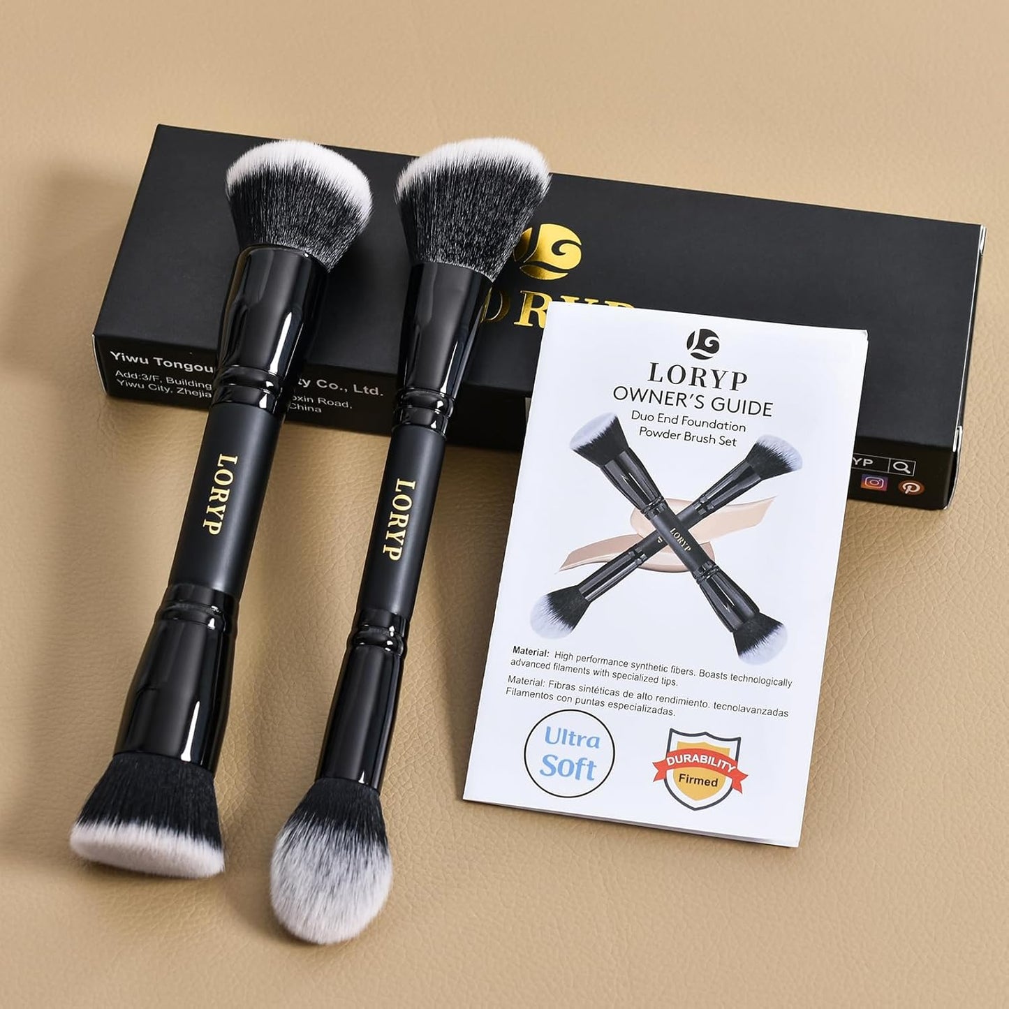 LORYP Black Makeup Brushes 2Pcs Duo End Foundation Powder Brush Set, Blush & Highlighter Brush and Round & Flat Foundation Brush