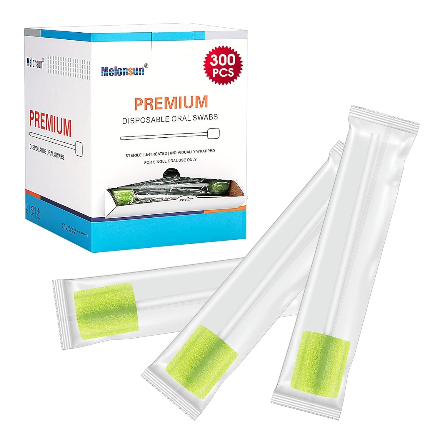 300 Pcs Oral Swabs Disposable – Longer Sterile & Unflavored Dental Sponge Swabsticks, Medical Grade, Individually Wrapped, Latex-Free for Oral Care & Mouth Cleaning (Green 300)