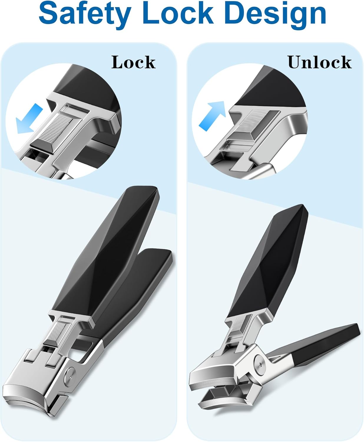 Nail Clippers - Sharp Wide Jaw No Splash Fingernail and Toenail Clipper, with Catcher & Safety Lock, for Men, Women, Seniors, Black