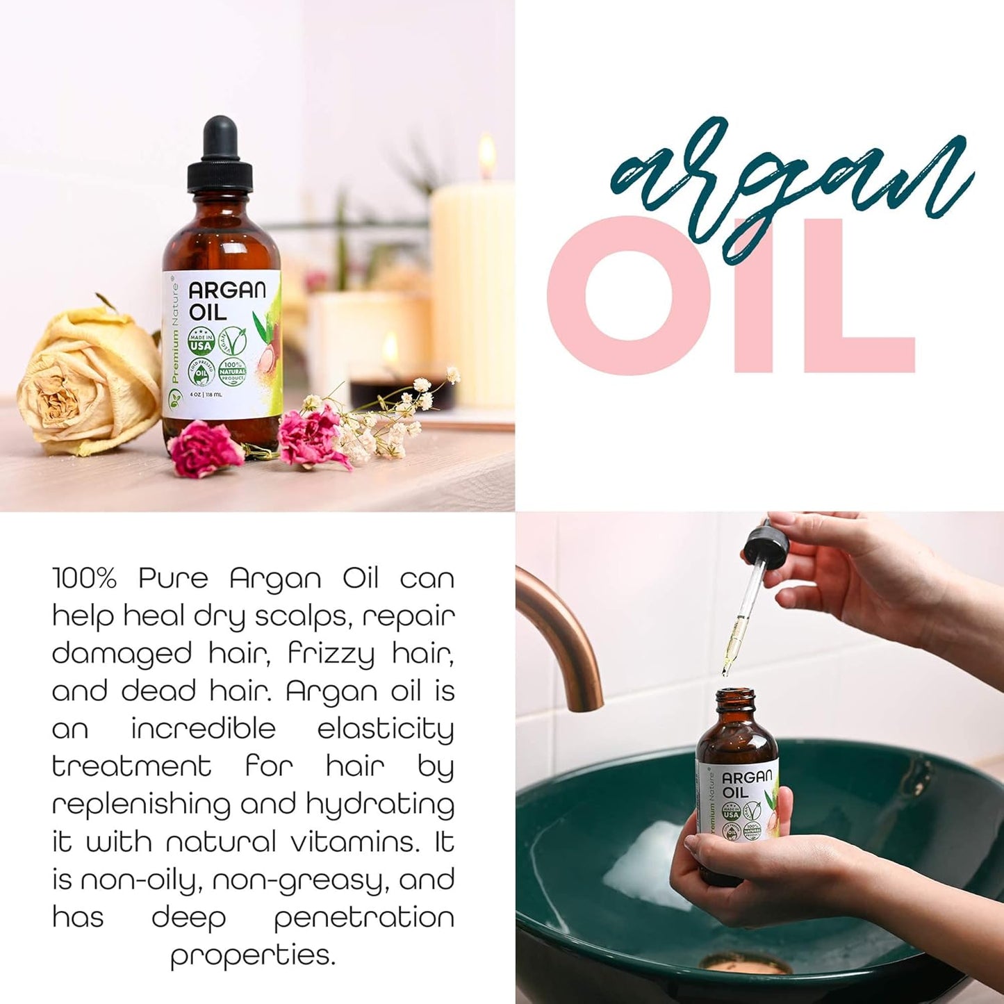 Premium Nature Argan Oil for Hair Virgin 100% Pure Cold Pressed Argon Oil Hair Serum For Hair Stimulate Growth for Dry and Damaged Hair Argan Oil for Skin Body Moisturizer Nails Protector 4 oz