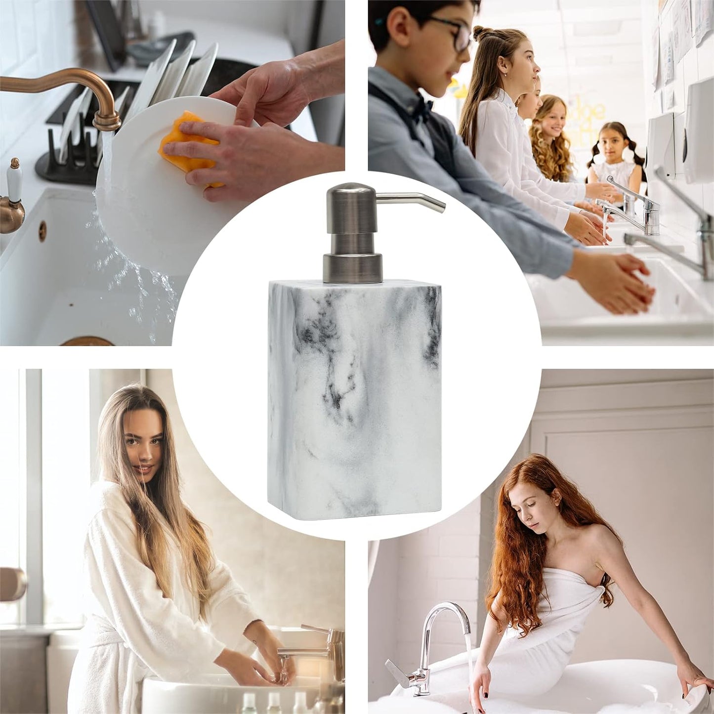 White Marble Style Hand Soap Dispenser, Refillable Liquid Decorative Soap Dispenser for Bathroom Countertop and Kitchen (14.5 Oz)