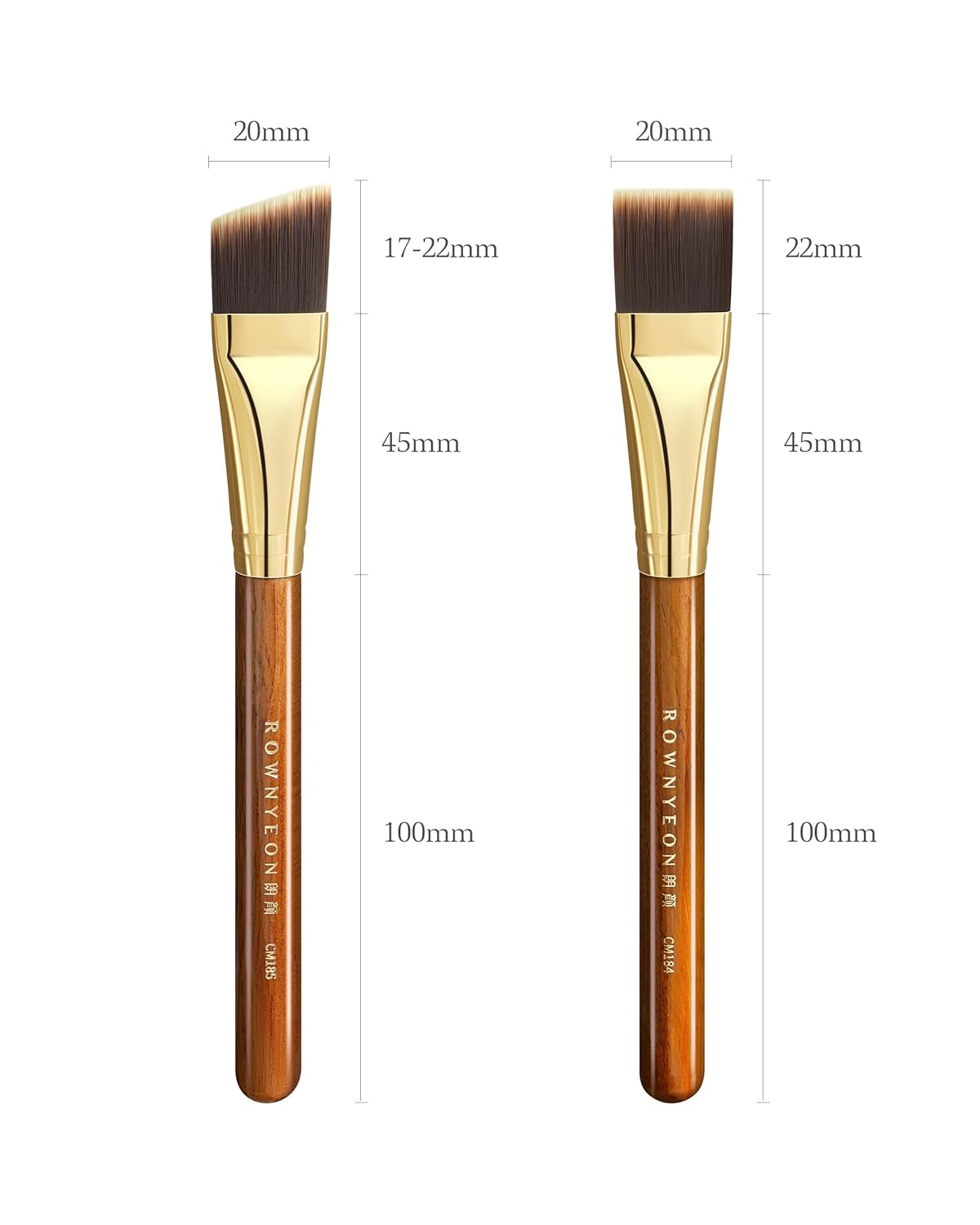 Desert Oak Series Foundation Master Duo Brush Set - CM 184 Liquid Flat Top & CM 185 Cream Angled Brush for All Foundation Types, Bubinga & Brass