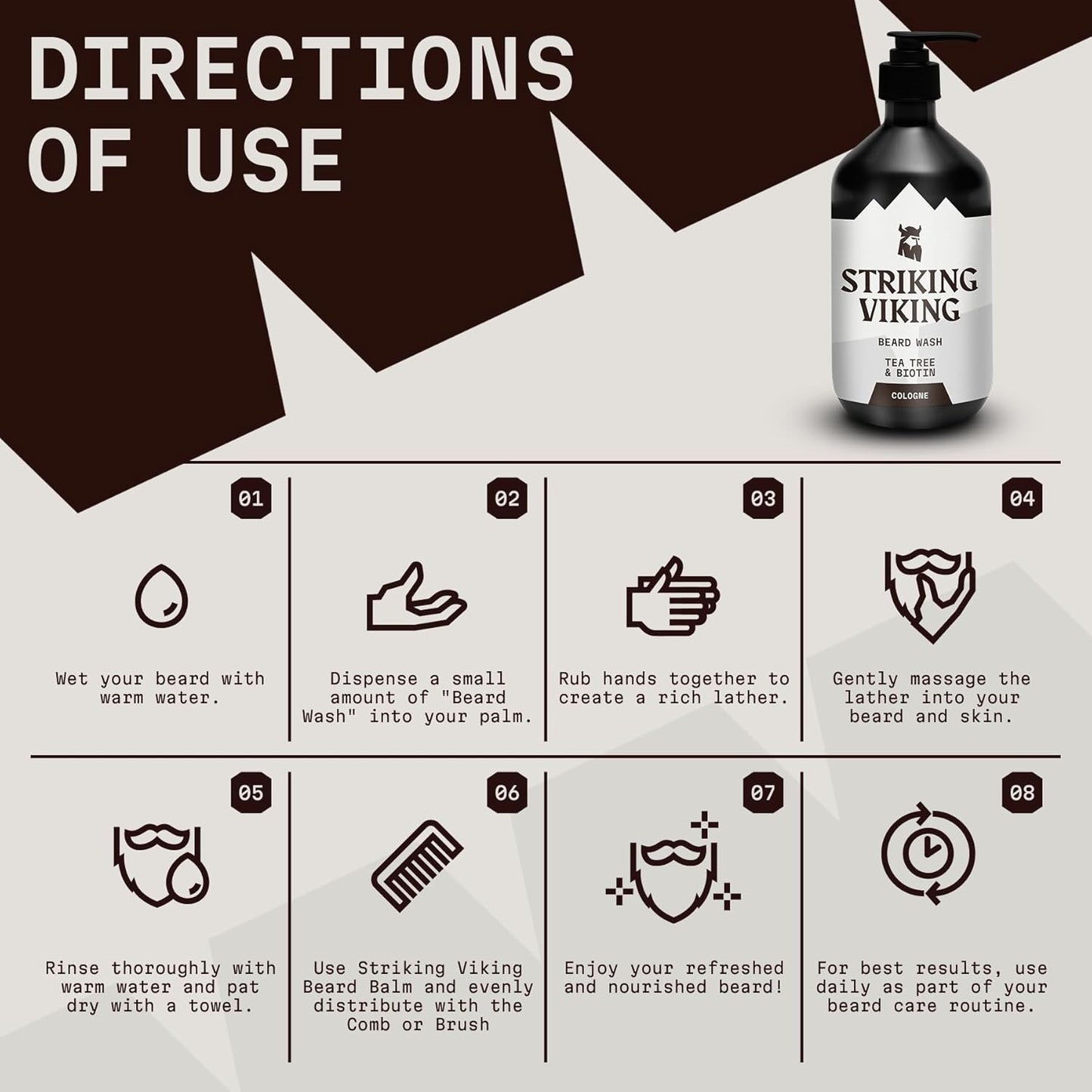 Striking Viking Beard Wash - 17 oz, Natural Tea Tree & Biotin - Cologne Scent Beard Shampoo Paraben & Sulfate Free For Men - Deep Cleansing and Care