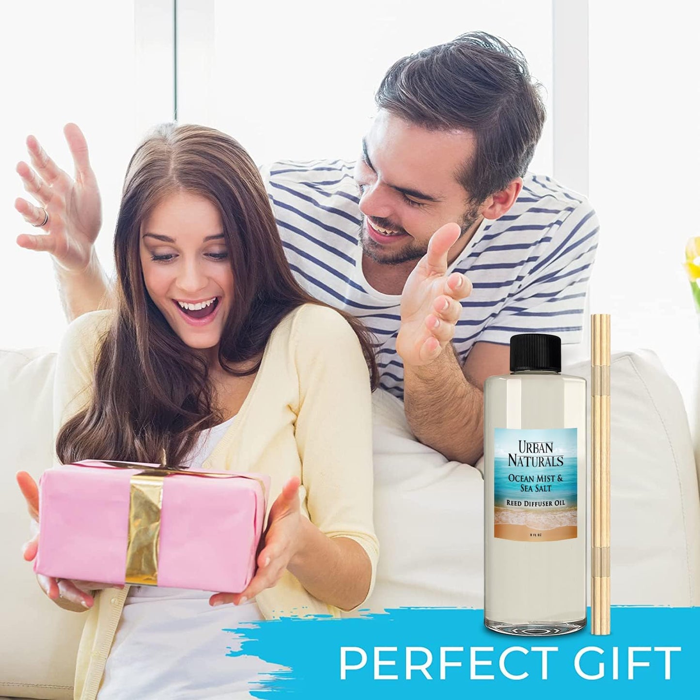 Urban Naturals Reed Diffuser Oil Refill Ocean Mist Sea Salt with Salt Spray, Violet Leaf, Sea Grass, Driftwood 8 oz + Free Reed Sticks, Made in The USA