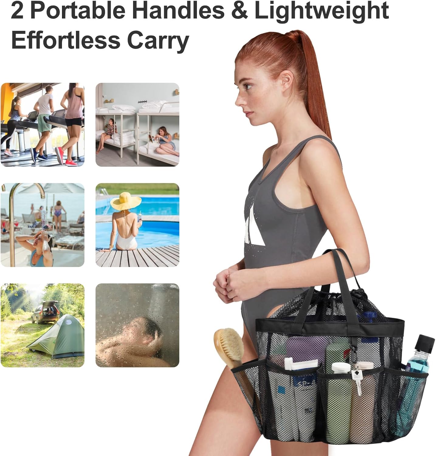 F-color Mesh Shower Caddy Portable with Drawstring - 8 Pockets Dorm Room Essentials for Guys Girls with S Hook, Shower Bag Basket Tote for College Camping Bathroom, 2 Pack Black & Mint Green