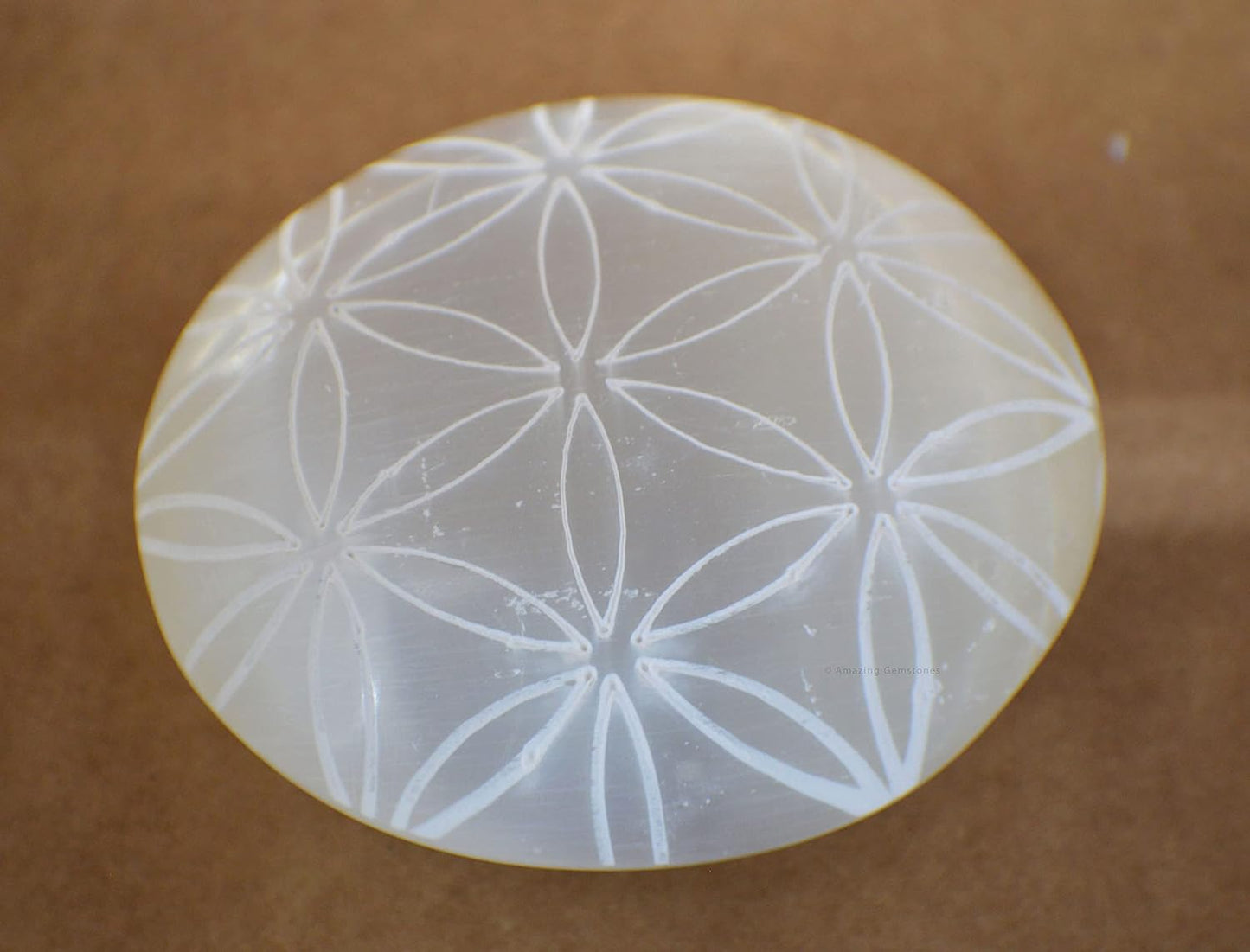 Amazing Gemstone Selenite Palm Stone - Flower of Life Engraved Hot Massage Worry Stone for Natural Body Chakra Balancing, Reiki Healing and Crystal Grid