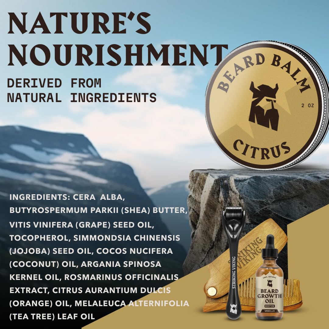 Striking Viking Beard Balm - 2 Fl Oz, Pack of 1, Citrus - Light-Hold Control & Beard Balm for Men - Soothing Nourishment with Shea, Jojoba & Tea Tree - Flake-Free Finish & Mustache Conditioner