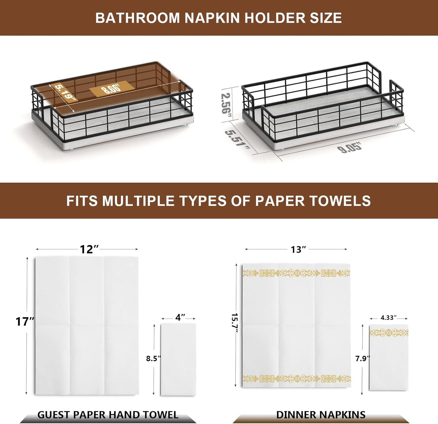 Wican Guest Towel Holder Tray for Bathroom, Oak and Iron Napkins Holder for Powder Room Dinning Table Wooden Basket for Disposable Paper Hand Towels Black and Farmhouse White