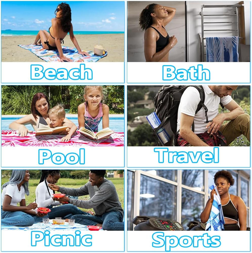 6 Pack Lightweight Thin Microfiber Beach Towel Sand Free Quick Dry Absorbent Compact Soft Pool Swim Travel Towels Extra Large Oversized Beach Accessories packable Essentials Stuff Gifts for Adult