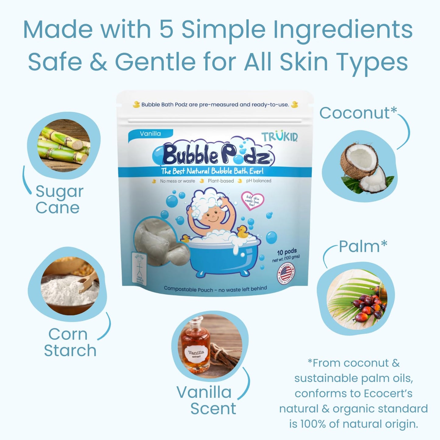 TruKid Bubble Podz Bubble Bath for Kids, Toddlers, & Babies, Tear Free Gentle & Refreshing Bath Bomb for Sensitive Skin with Natural Moisturizers, Non-Toxic, pH Balanced, Vanilla Scent (60 Podz)