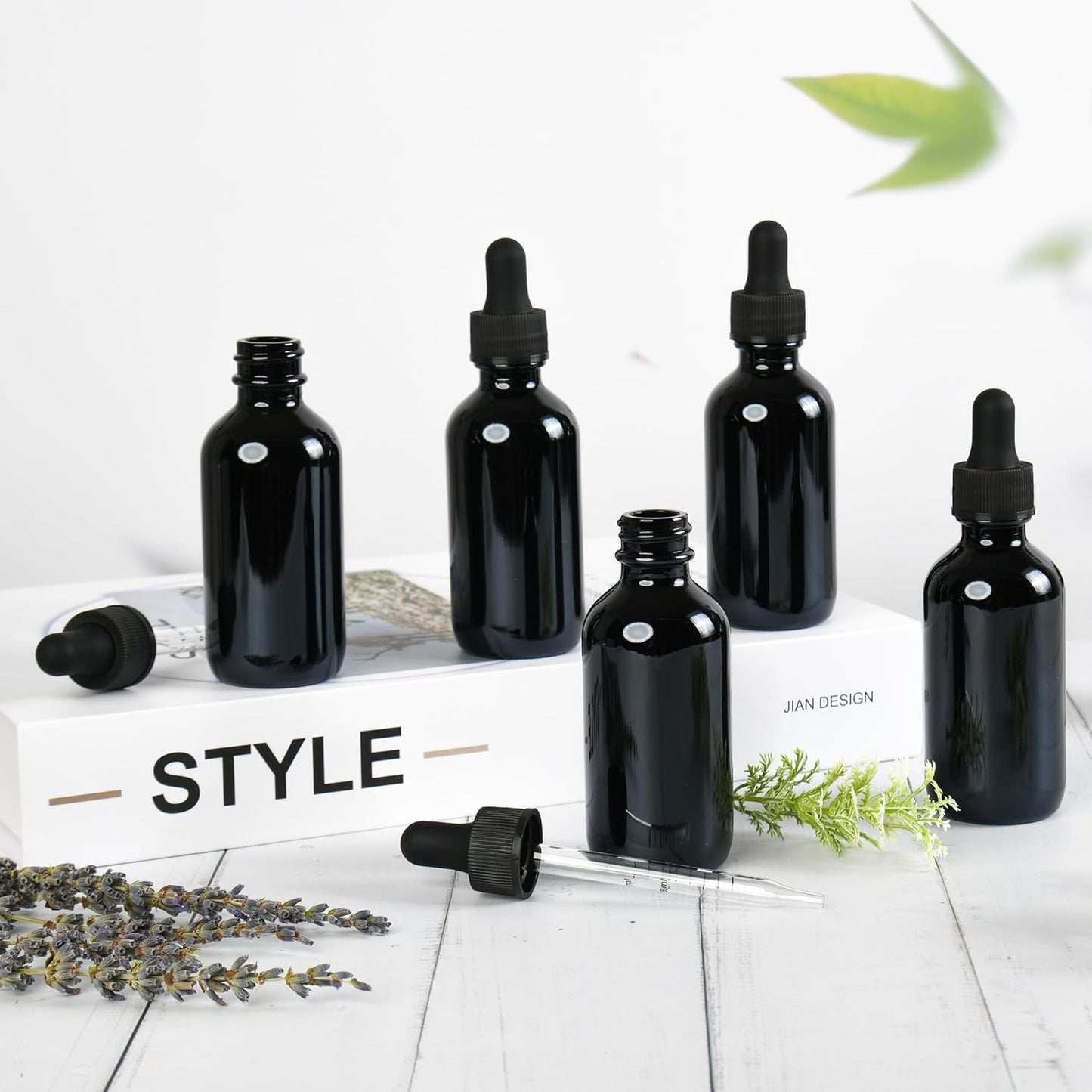 BILLIONSTARS 24 Pack 2oz Glass Boston Round Bottle with Graduated Calibrated Glass Pipettes - UV Black - Tincture Bottles for Essential Oils, Liquids - Leakproof Travel Bottles