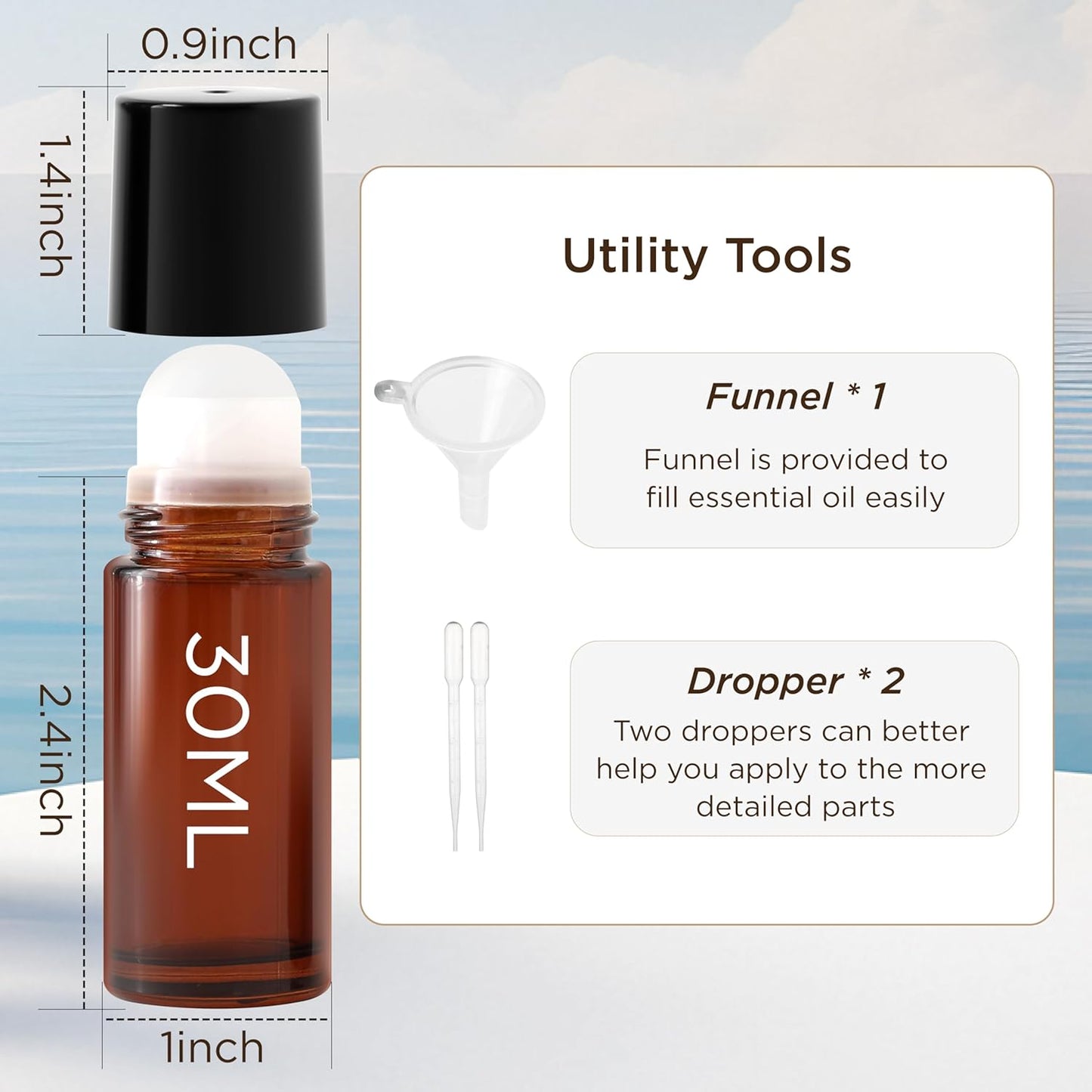 Essential Oil Roller Bottles, 2PCS (50ml/30ml) Thick Glass Perfume Roller Bottles with Funnel and Dropper Glass Empty Bottles Beauty and Personal Care Tools for Fragrance (Amber, 30ML)