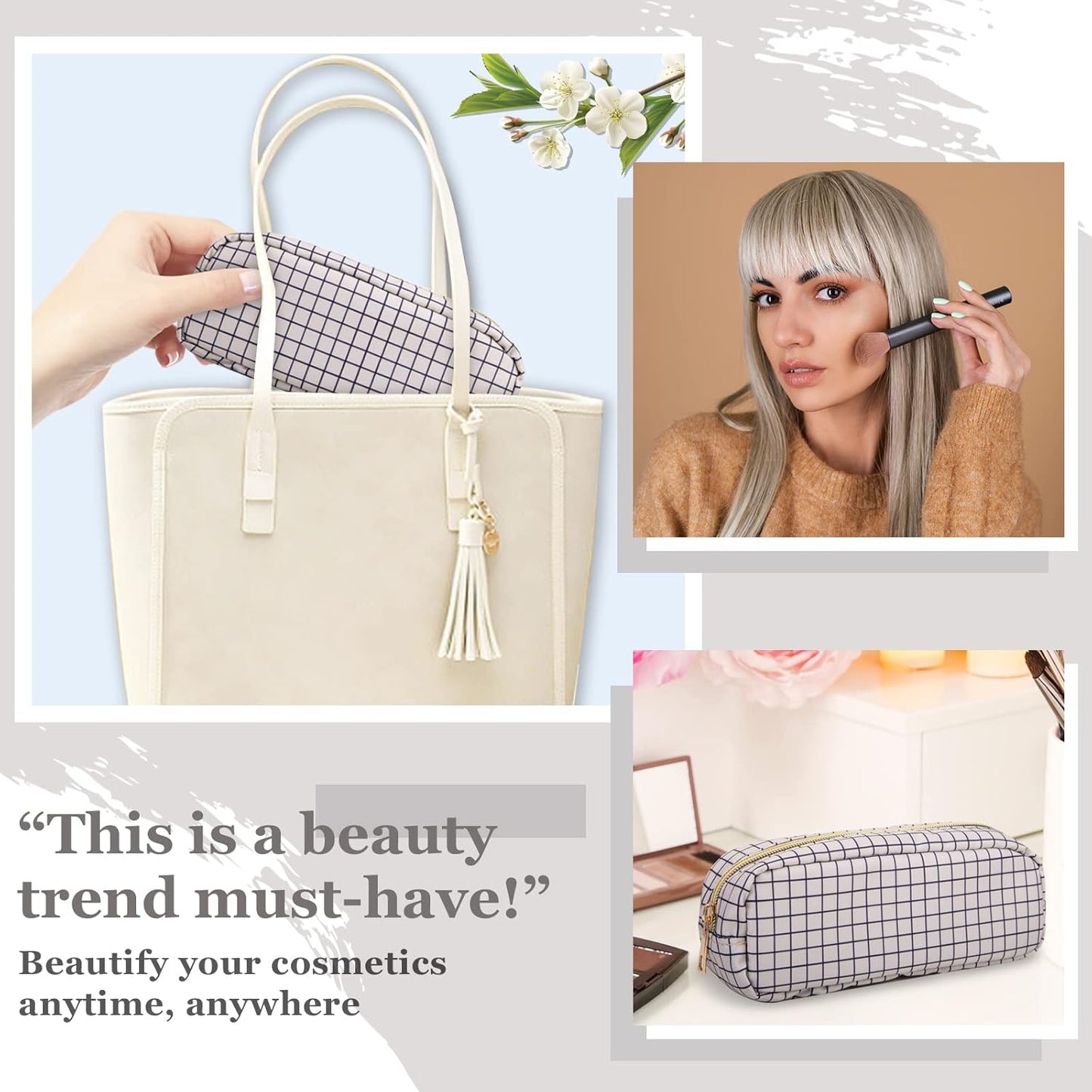 Nylon Slim Makeup Bag, Cute Makeup Brush Bag Checkered Makeup Bag Preppy Cosmetic Zipper Pouch for Purse, Travel Toiletry Bag Coin Pouch Make Up Organizer for Women Men Girls