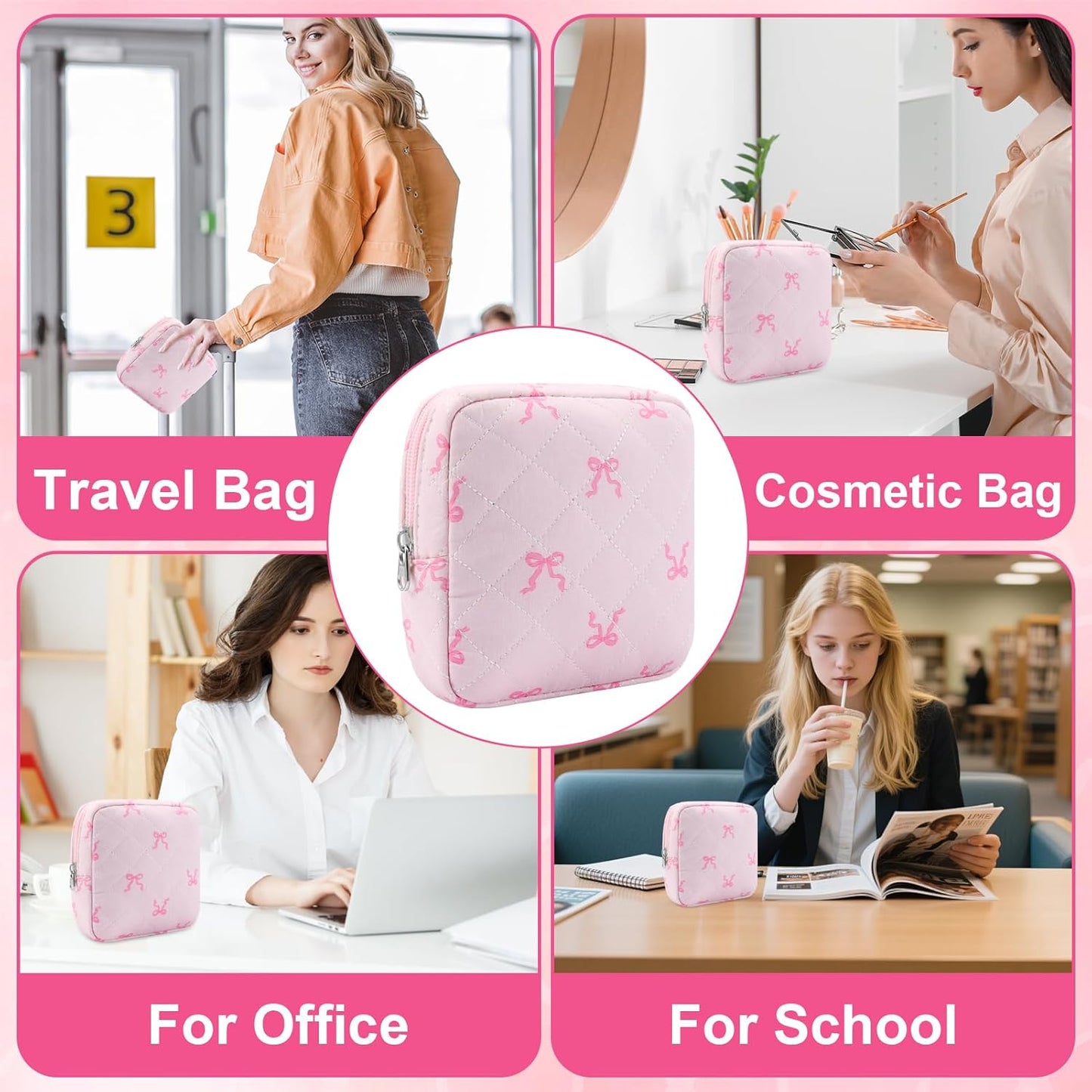 Small Quilted Cotton Makeup Bag for Purse Mini Cosmetic Period Bag for Women Cute Pink Bow Ribbon Makeup Sanitary Pouch Portable Travel Toiletry Bags with Zipper Slip in Pockets Birthday Gifts