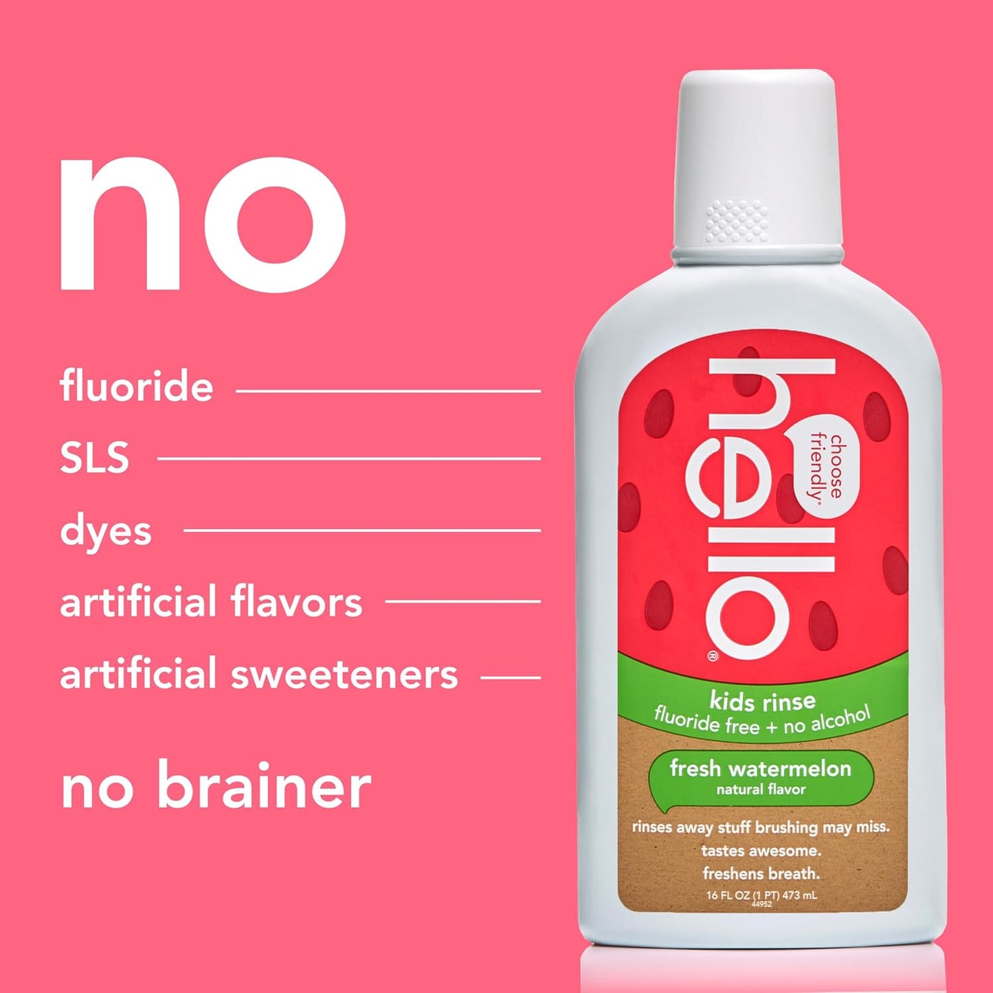 Hello Natural Watermelon Flavor Kids Fluoride Free Rinse, Alcohol Free, Vegan, SLS Free, Mouthwash for Kids Age 6 and Up, 16 Fl Oz (Pack of 3)
