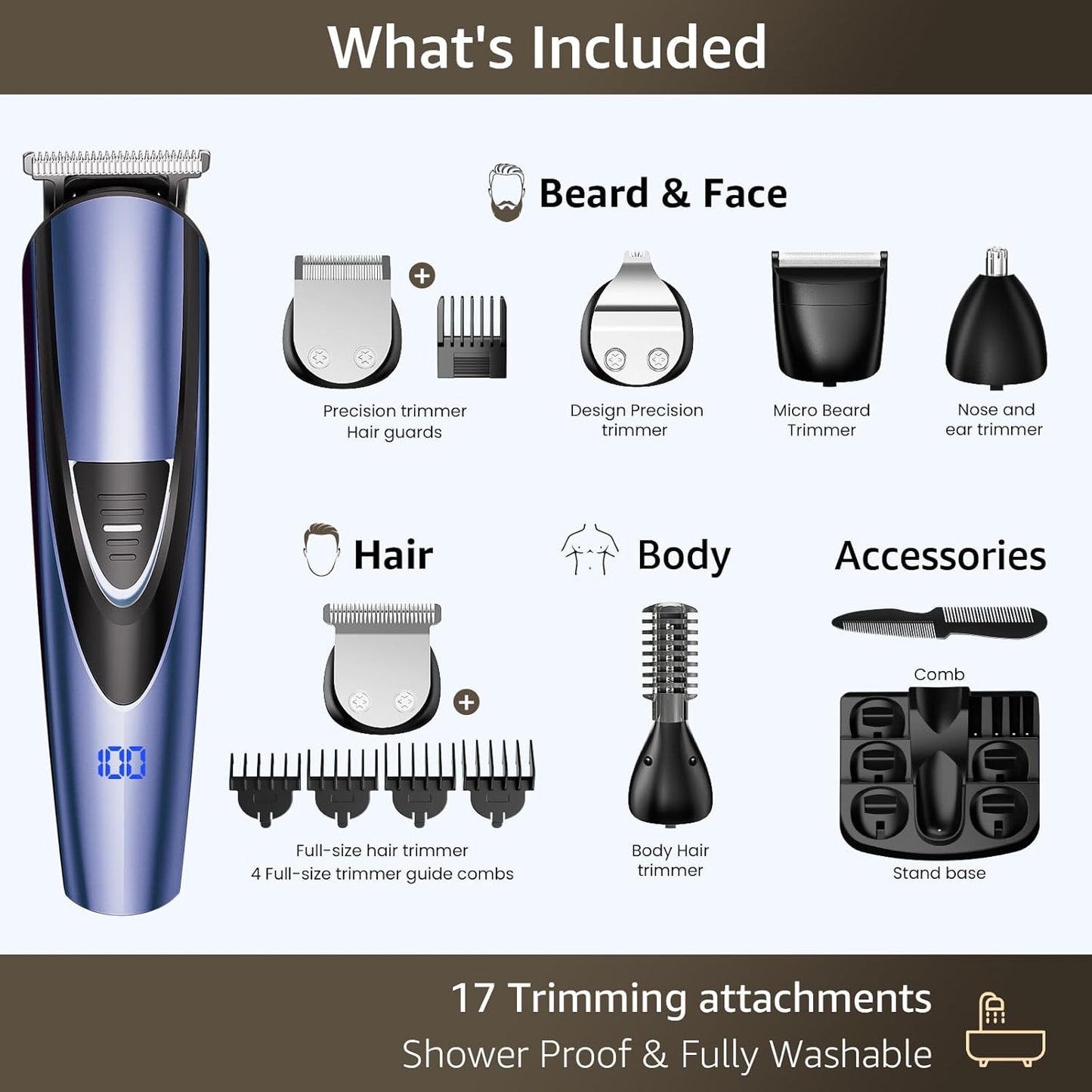 SHPAVVER Electric Beard Trimmer for Men: 16-in-1 Professional Barber Hair Clippers - Cordless Grooming Kit - Turbo Speed & Precision Blades, Blue