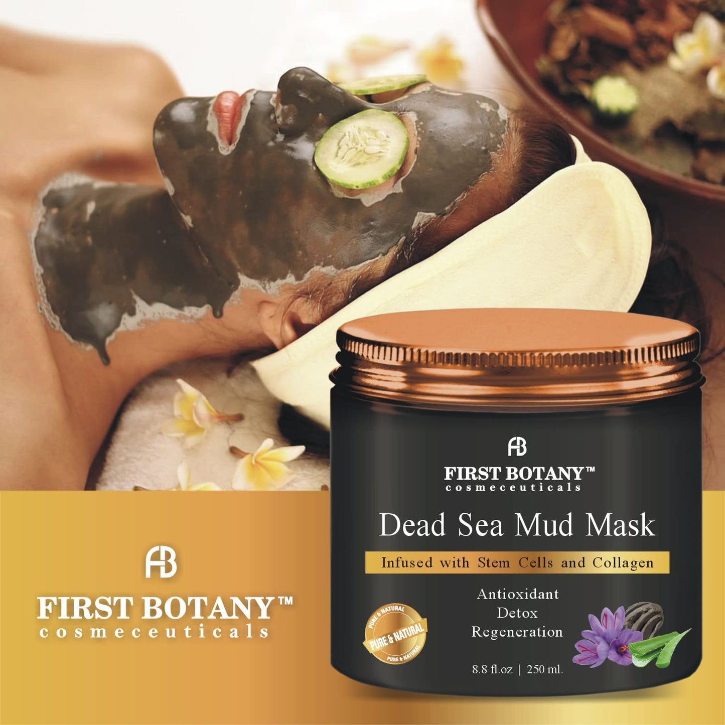 First Botany, 100% Natural Mineral-Infused Dead Sea Mud Mask 8.8oz Stem Cells Facial Treatment Skin Cleanser Pore Reducer Anti Aging Acne Treatment Blackhead Remover Cellulite & Natural Moisturizer
