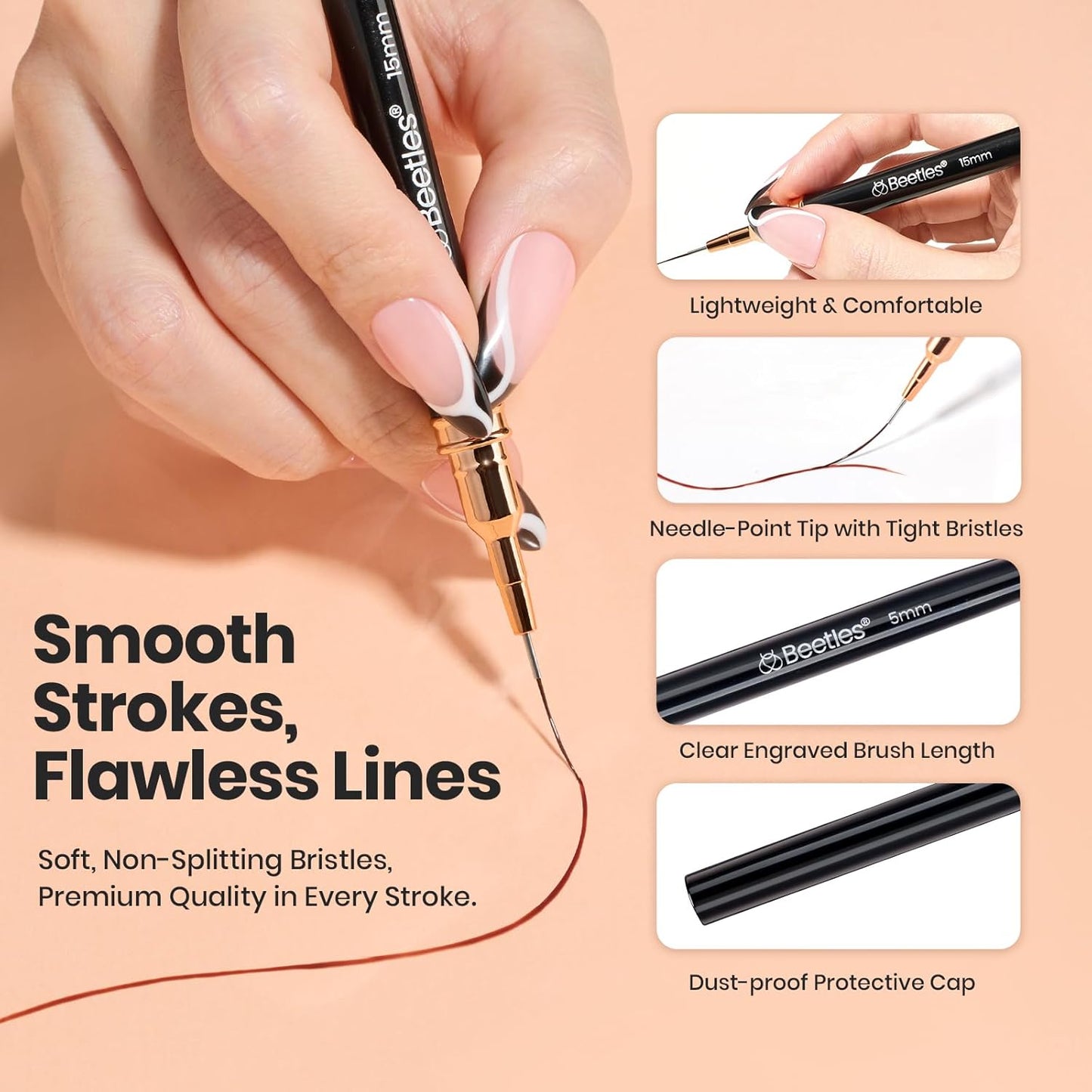 Beetles Liner Brushes for Nails 5pcs - Metallic Nail Art Brushes Black Nail Art Pens Liner Sizes 5/9/15/20/25mm with Palette Holder Painting Manicure Design Tools for Long Lines, Details, Fine Drawing