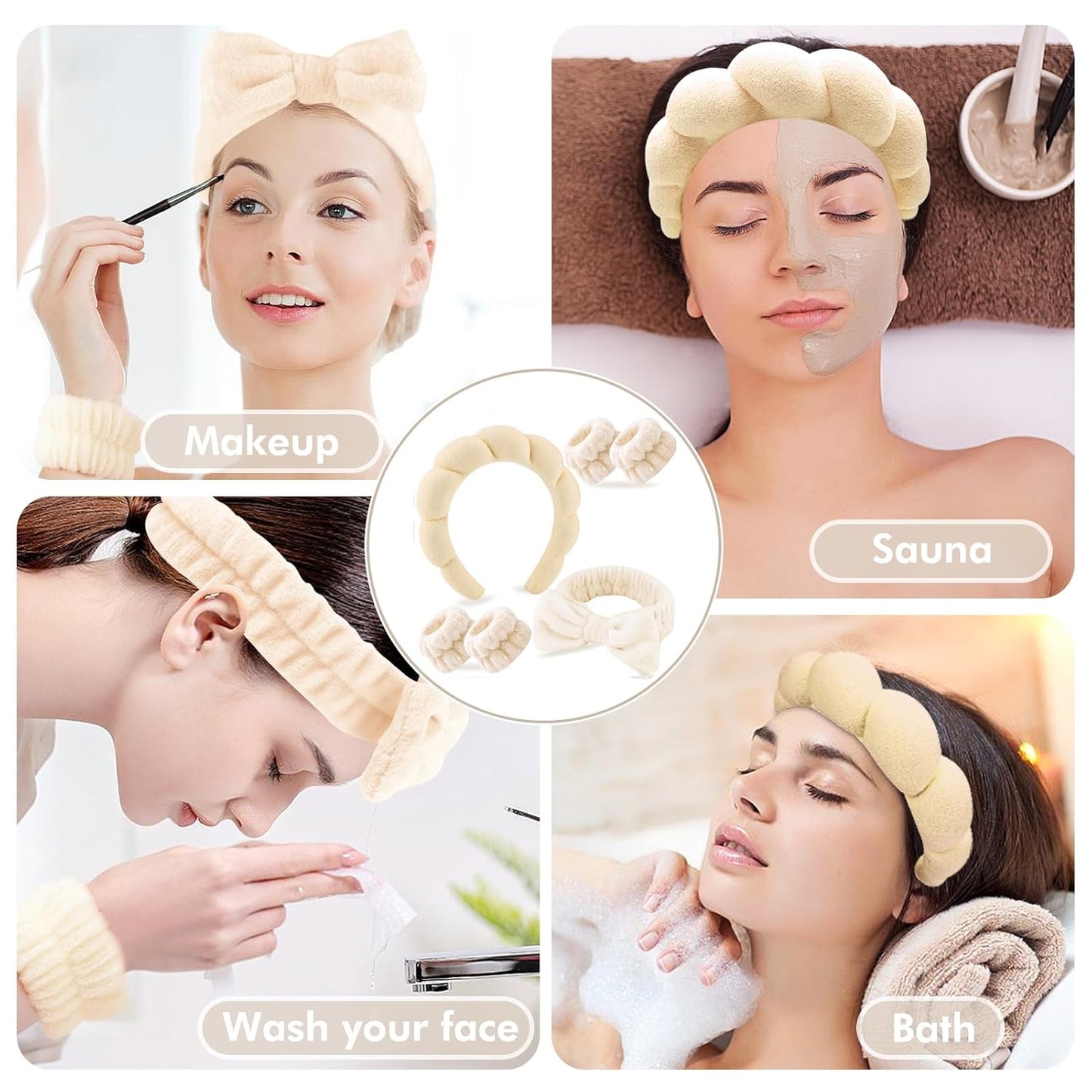 Zkptops 6Pcs Spa Headband for Washing Face Wristband Set Sponge Makeup Skincare Terry Cloth Headband Bubble Soft Get Ready Hairband Women Puffy Padded Headwear Non Slip Hair Accessory(Beige)