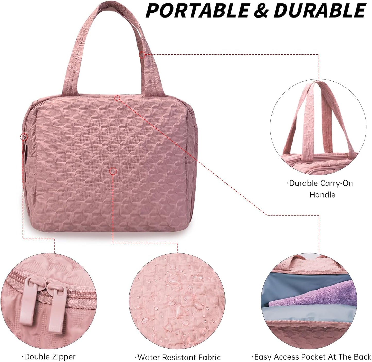 SUNRISING Travel Toiletry Bag,Large Toiletry Bag for Women,Water-Resistant Cosmetic Makeup Bag Organizer with Handle,Travel Toiletries Skincare Organizer Dopp Kit Bag for Accessories Essentials- Pink
