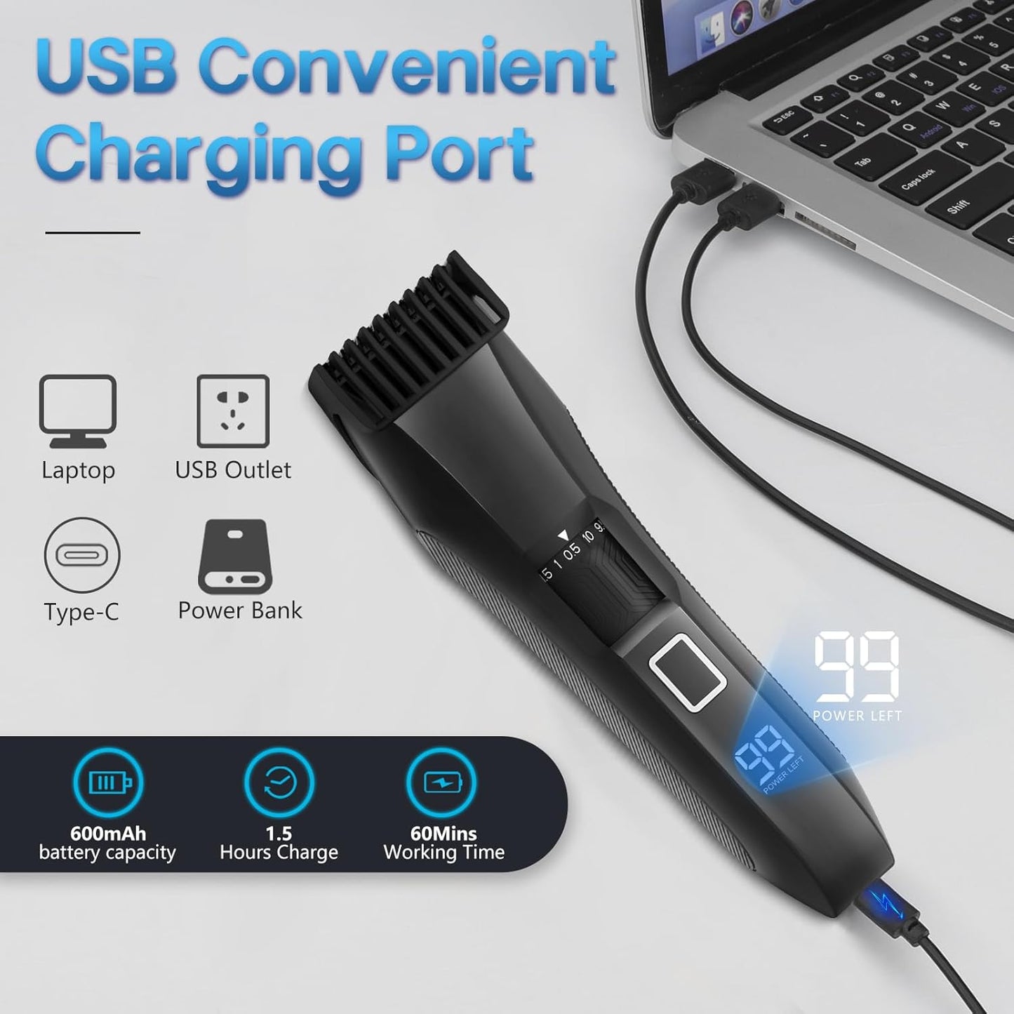 Beard Trimmer for Men, 20 Length Adjustable, Cordless Waterproof Clippers, Stainless Steel T-Blade for Precision Facial Hair Trimming with 2 Guide Combs, Travel Lock, LED Display