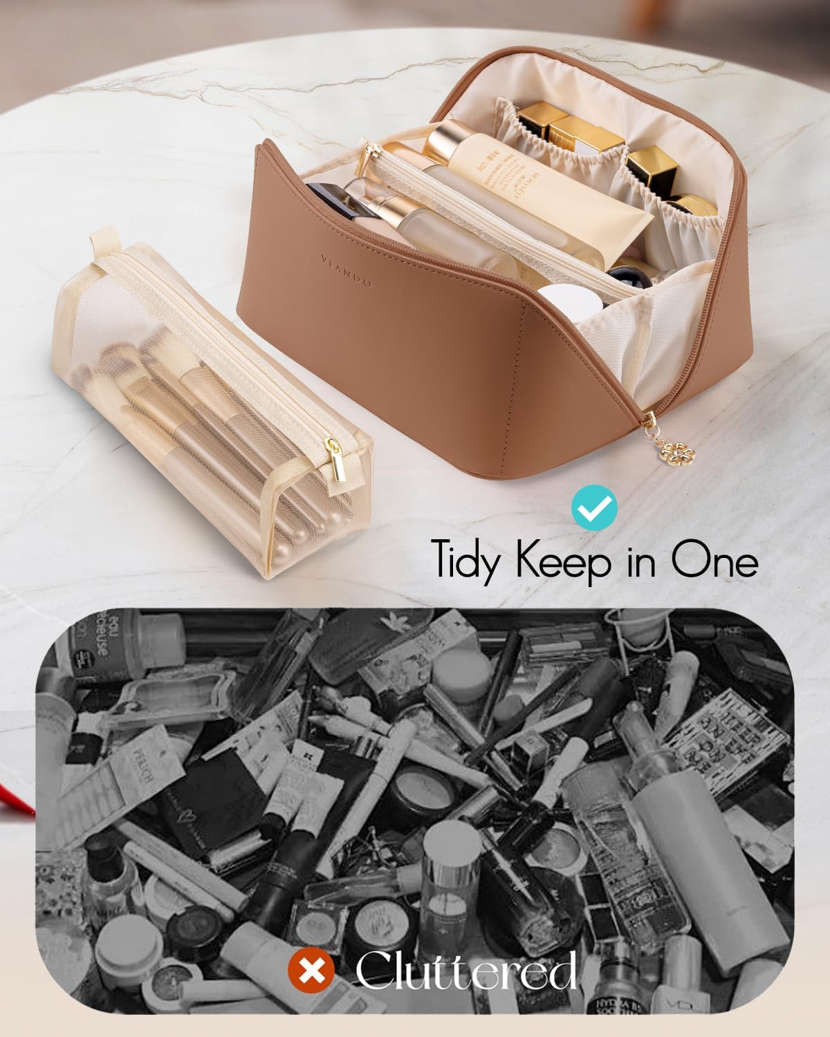 Vlando Makeup Bag,Large Capacity Travel Toiletry Bag,Cosmetic Bags for Women PU Leather Waterproof Portable Pouch with Divider & Handle-Brown