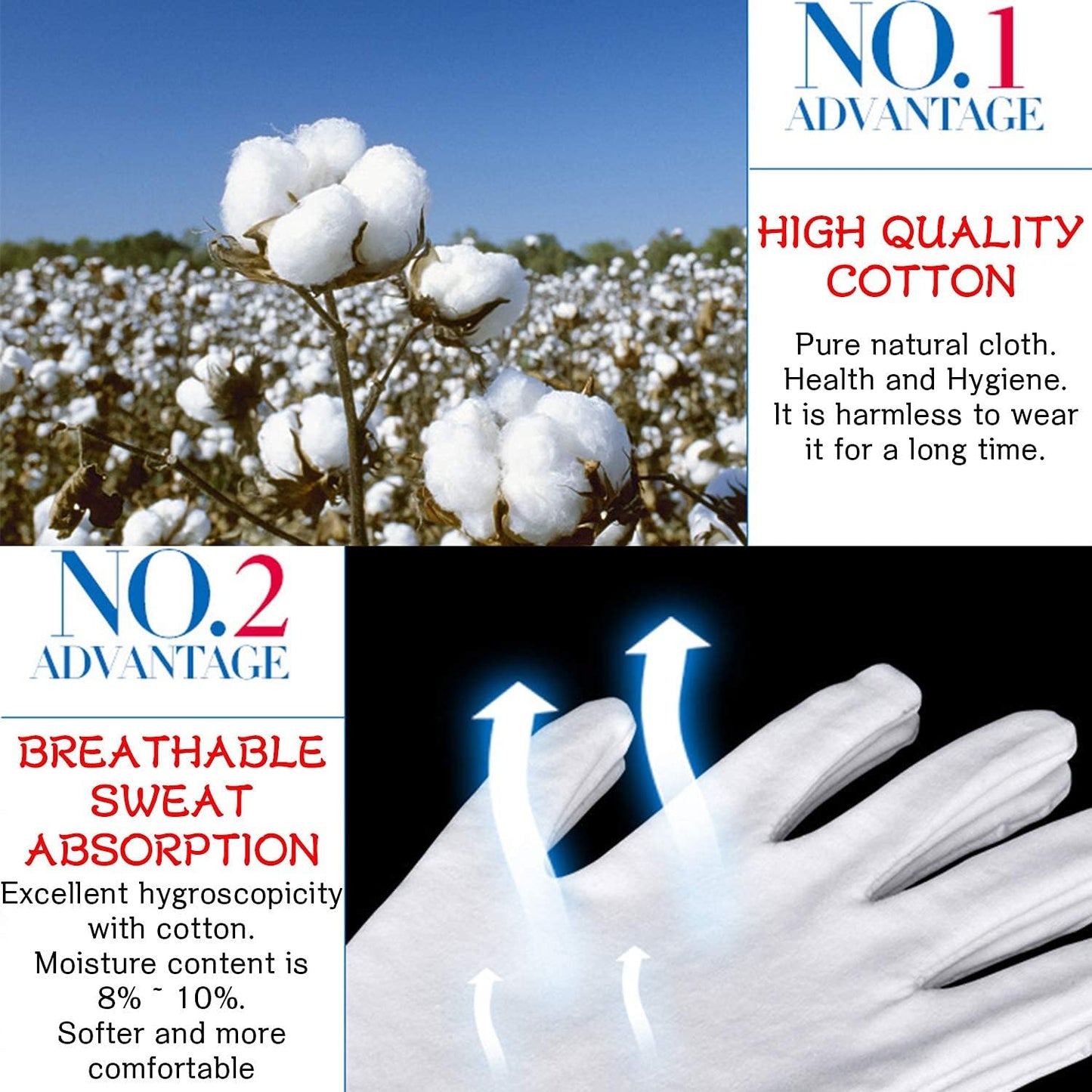 24pcs Unisex Soft White Cotton Gloves for Eczema, Moisturizing Dry Hands, Inspection (Large)