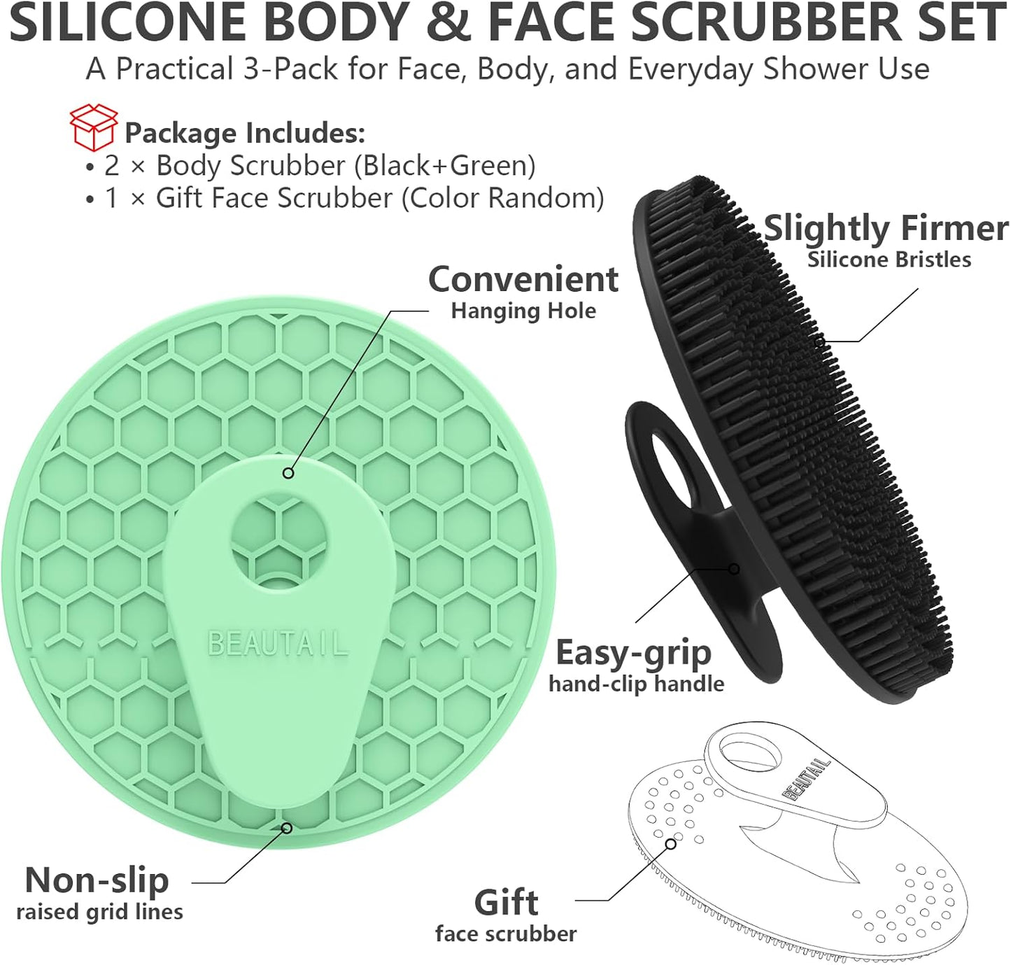 Silicone Body and Face Scrubber Set 3 Pack, BEAUTAIL Shower Bath Scrubber, Gentle Exfoliating Brush for Women Men Baby Sensitive Skin, More Hygienic Than Traditional Loofah, Long Lasting, Black+Green