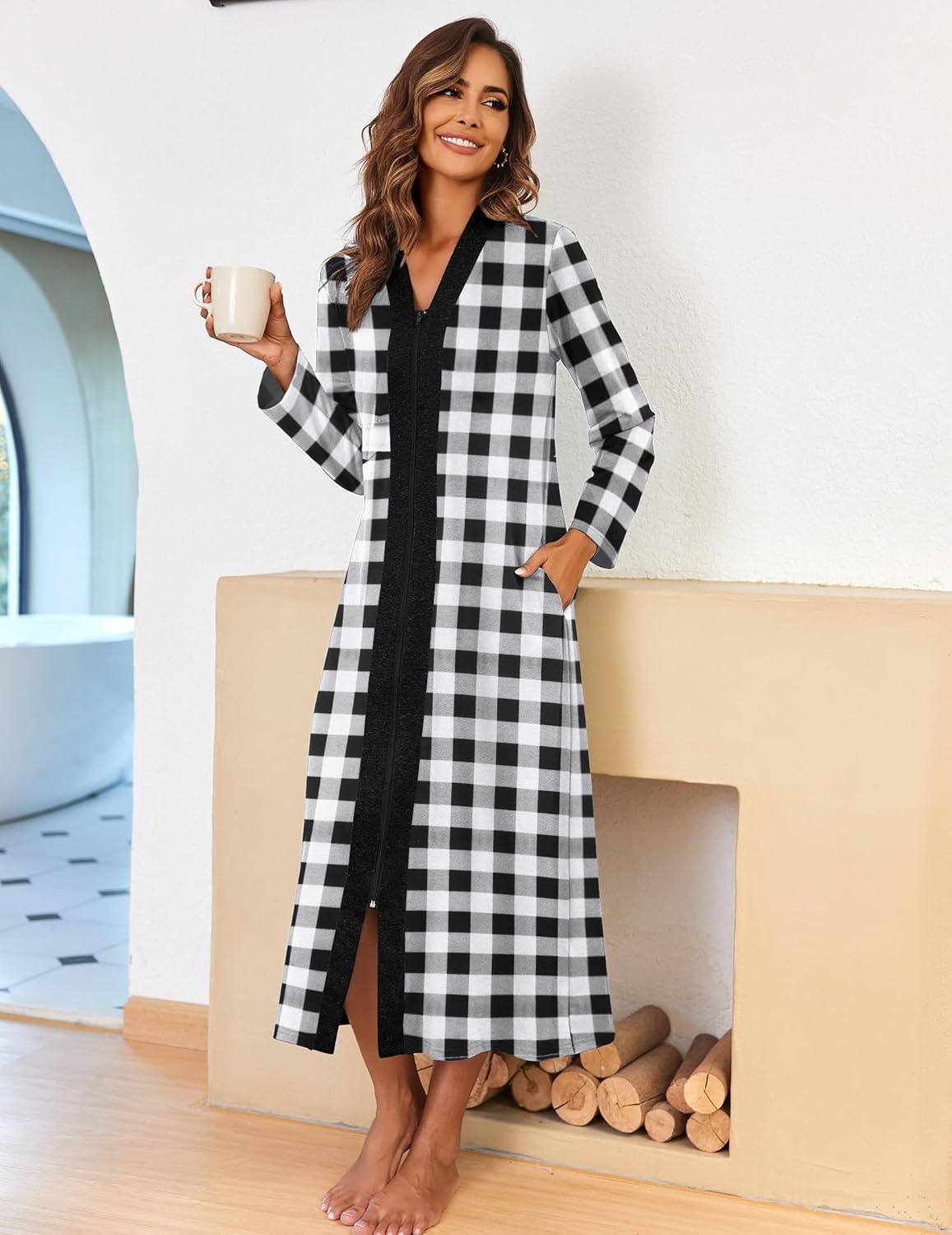 Ekouaer Women Zipper Robe Long Sleeve Loungewear Lightweight Housecoat Full Length Nightgown with Pockets